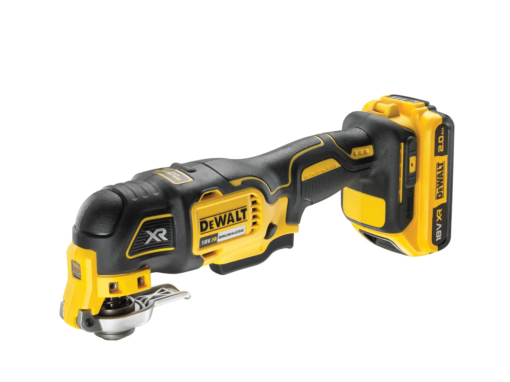 DEWALT DCS355D2 cordless oscillating multi-tool with 18V battery, black and yellow design.