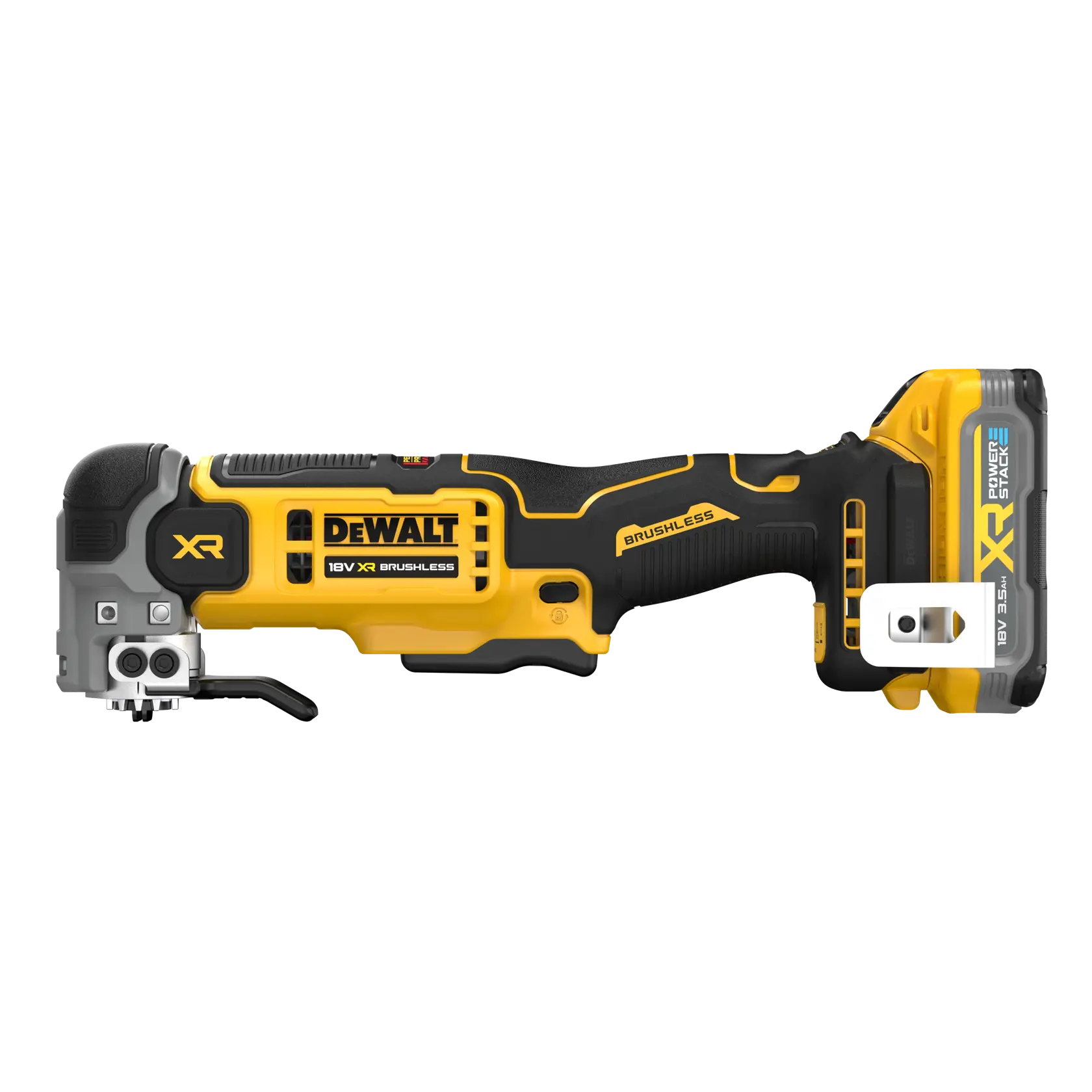 DEWALT 18V XR brushless cordless jigsaw tool with battery, shown in a side profile view.