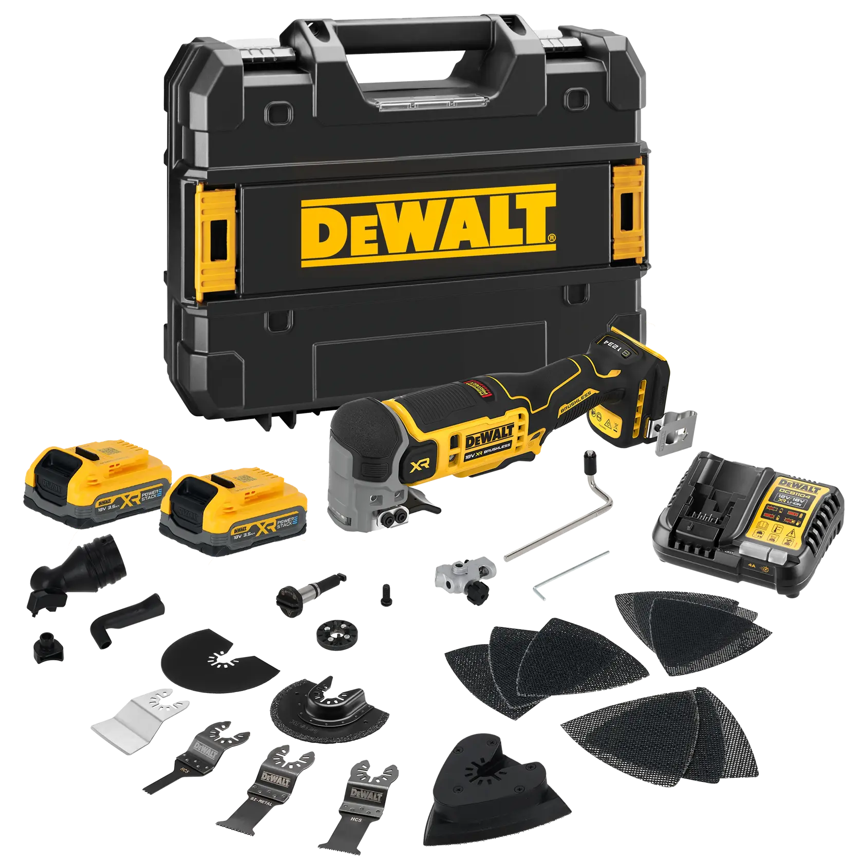 DEWALT cordless multi-tool kit with accessories, two batteries, charger, and carrying case.