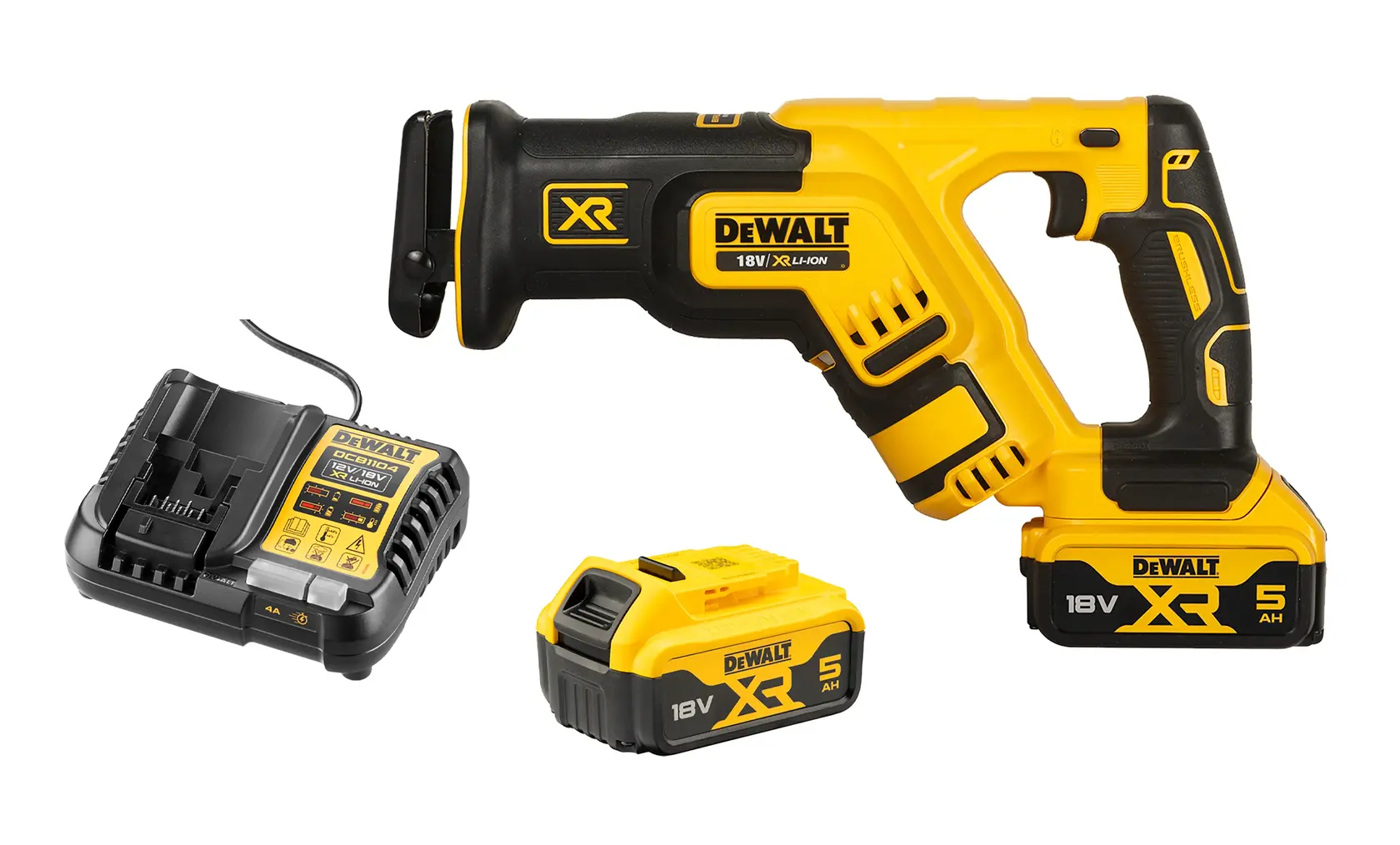 DEWALT 18V XR cordless reciprocating saw set including saw, two 5Ah batteries, and battery charger. The tools are yellow and black in color.