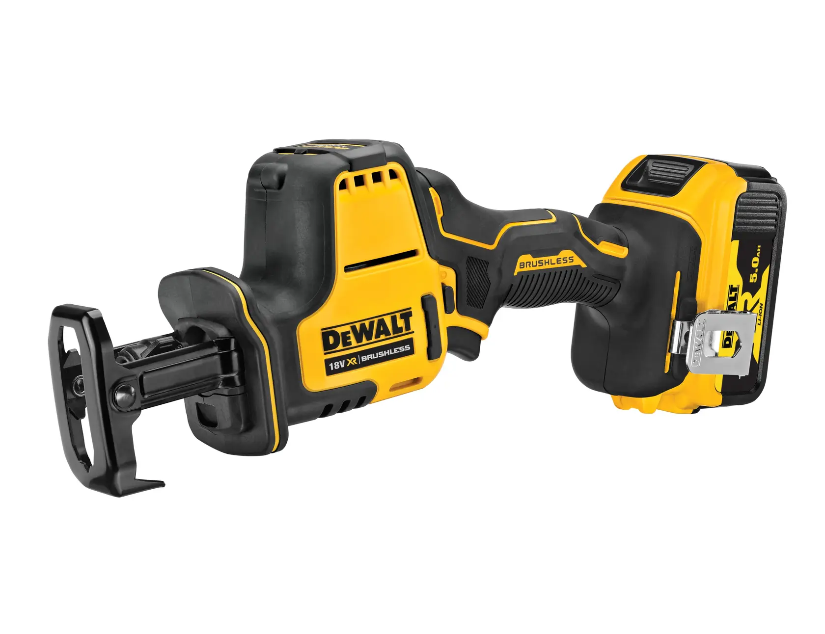 Photo of DEWALT DCS369P2 cordless reciprocating saw, yellow and black, side angle, with battery attached.