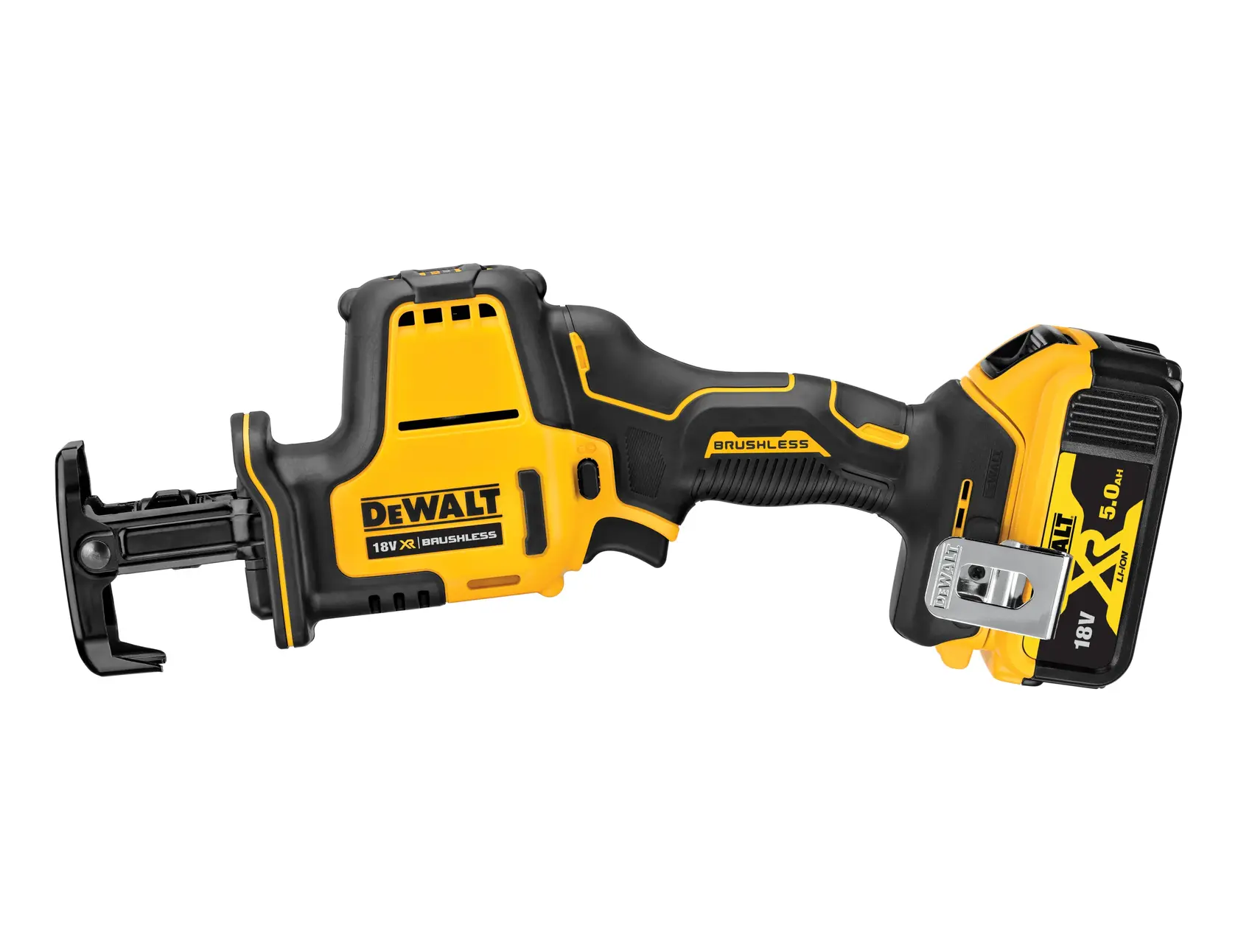 Photo of DEWALT DCS369P2 18V cordless reciprocating saw, yellow and black, right side, brushless motor.