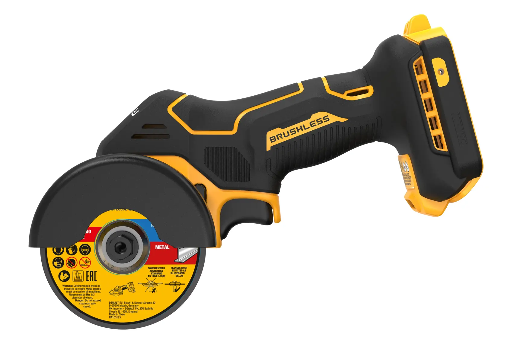 A DEWALT cordless brushless angle grinder with a yellow and black design, featuring a protective guard around the cutting disc.