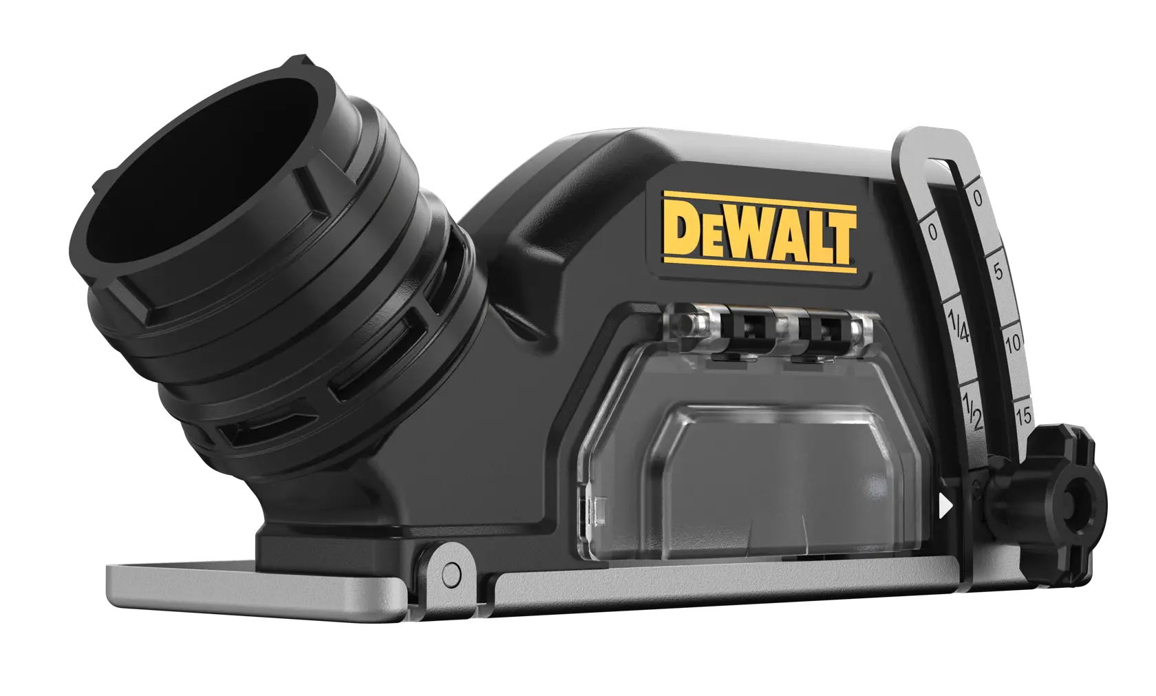 A close-up image of a DEWALT branded power tool accessory, specifically a dust extraction attachment, featuring a black and transparent design with a measurement gauge and connector.