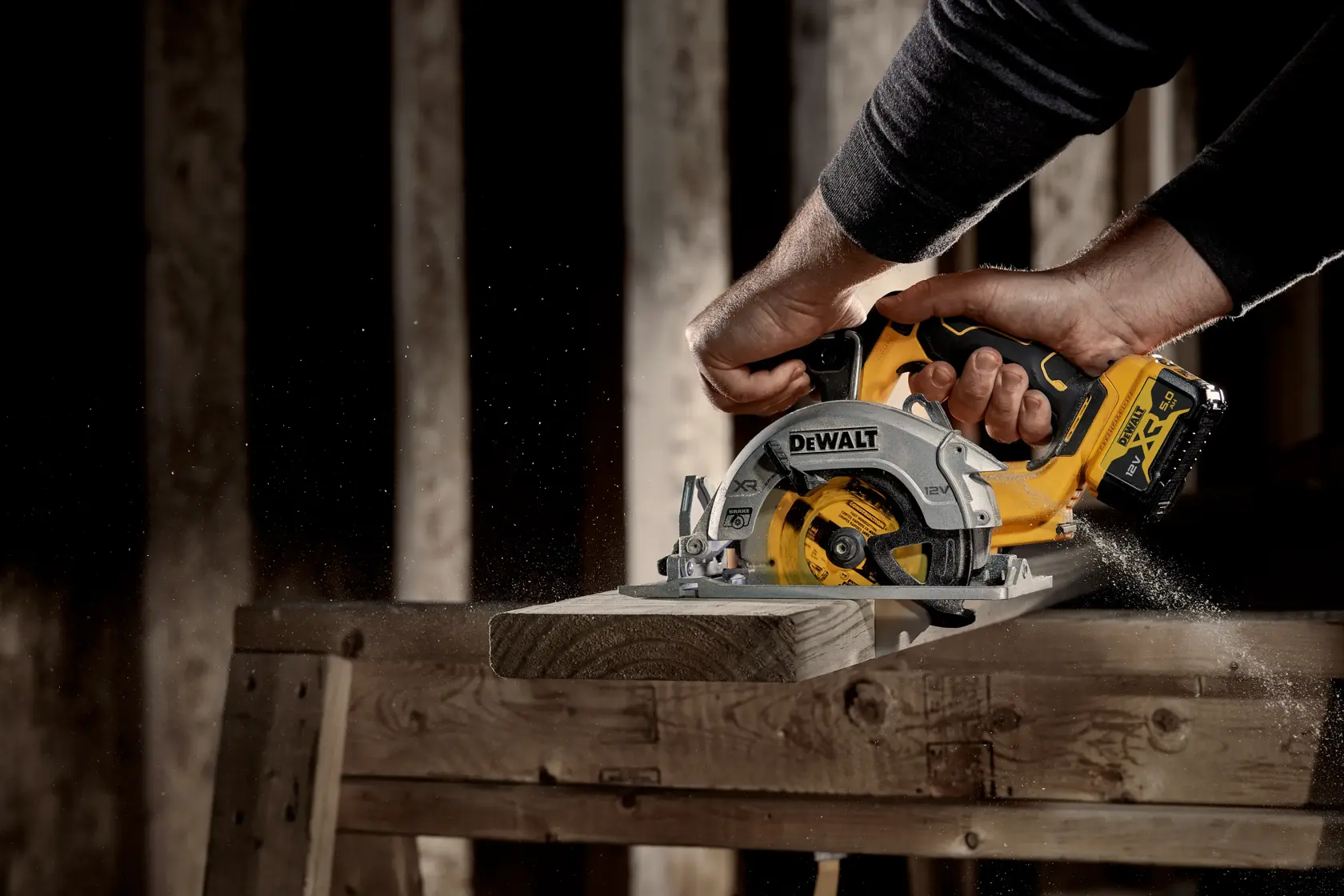 DEWALT circular saw DCS512P2-QW, DCS512P2 cutting wood in action. Photography category. EMEAANZ region.