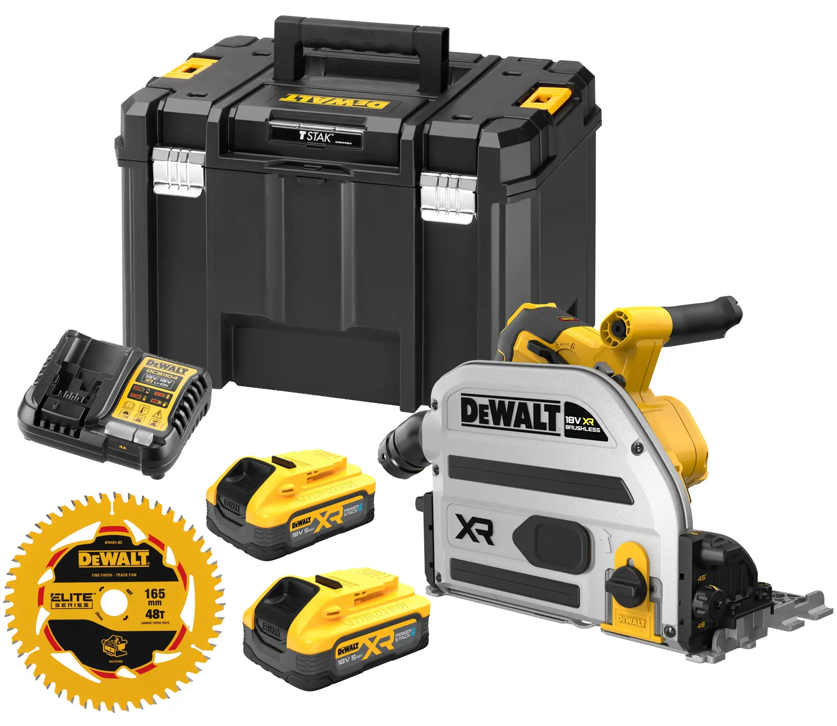 DEWALT DCS525H2T track saw kit includes saw, batteries, charger, blade, and storage case.