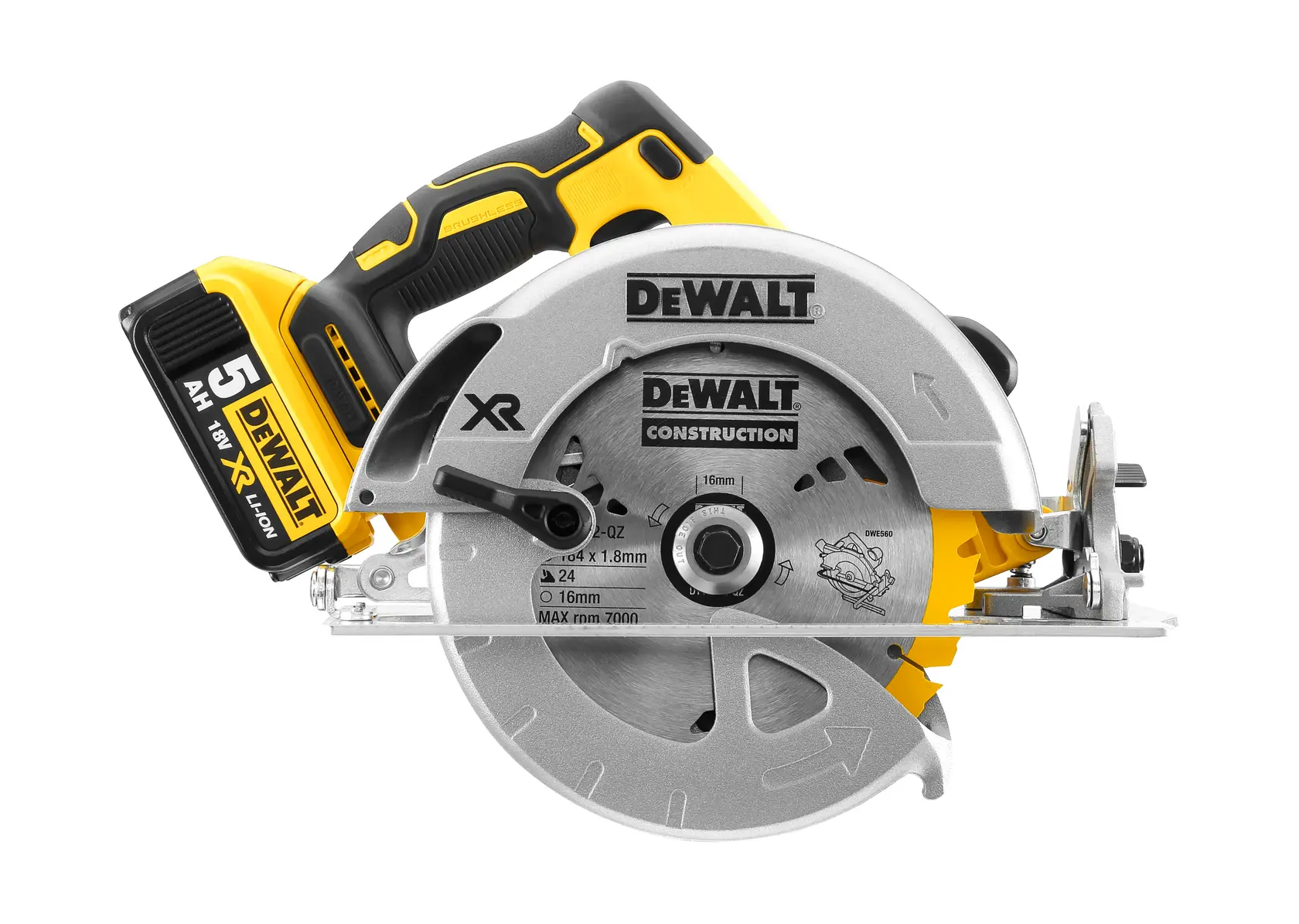 Cordless DEWALT circular saw with 18V XR Lithium-ion battery, silver blade guard, and ergonomic handle.
