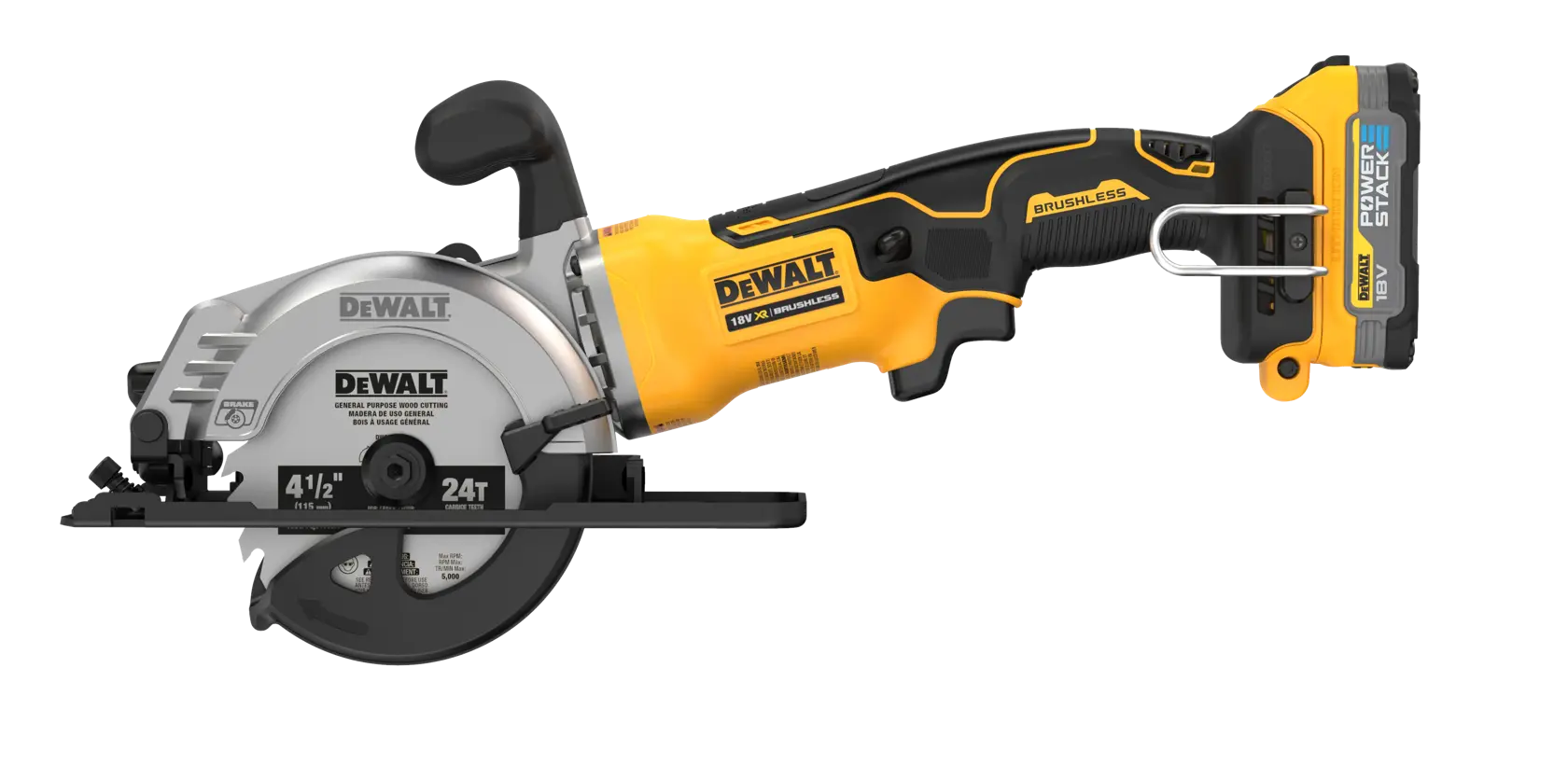 DEWALT cordless handheld circular saw with yellow and black design and visible blade.