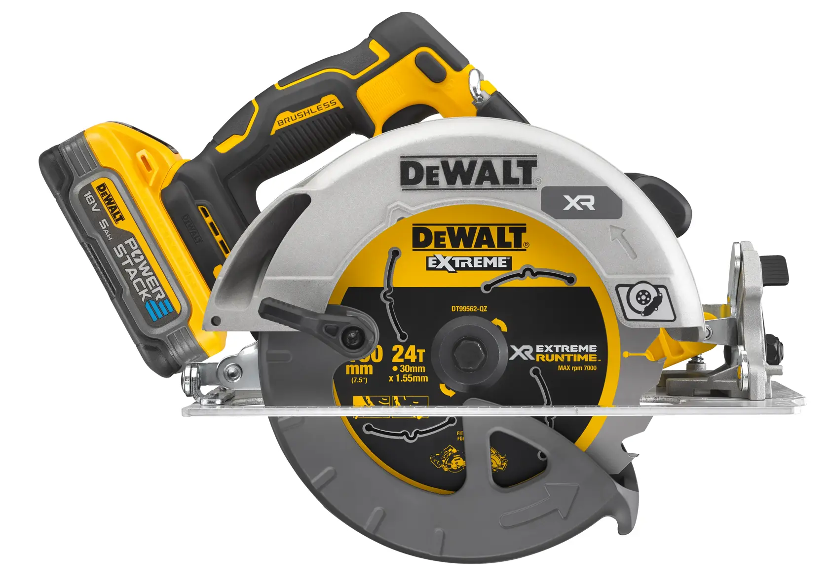 A DEWALT cordless circular saw with a POWERSTACK battery, featuring a yellow and black design. The blade cover has DEWALT Extreme branding and technical details. The saw is designed for professional cutting tasks.