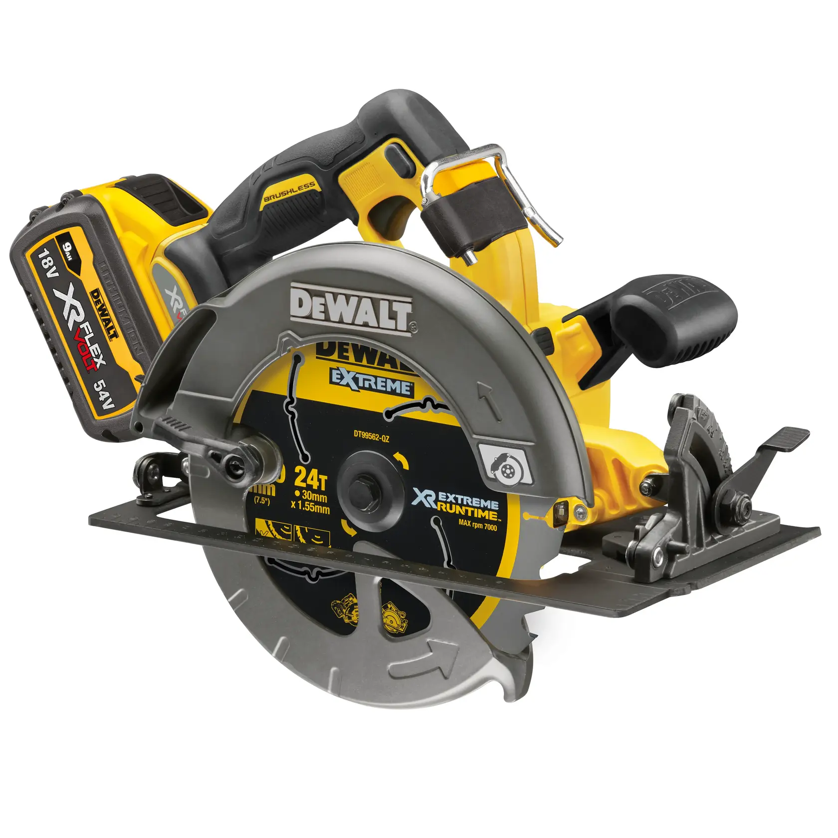 54V XR FLEXVOLT Circular Saw with XR Extreme Runtime blade DT99562 and 9AH Flexvolt battery