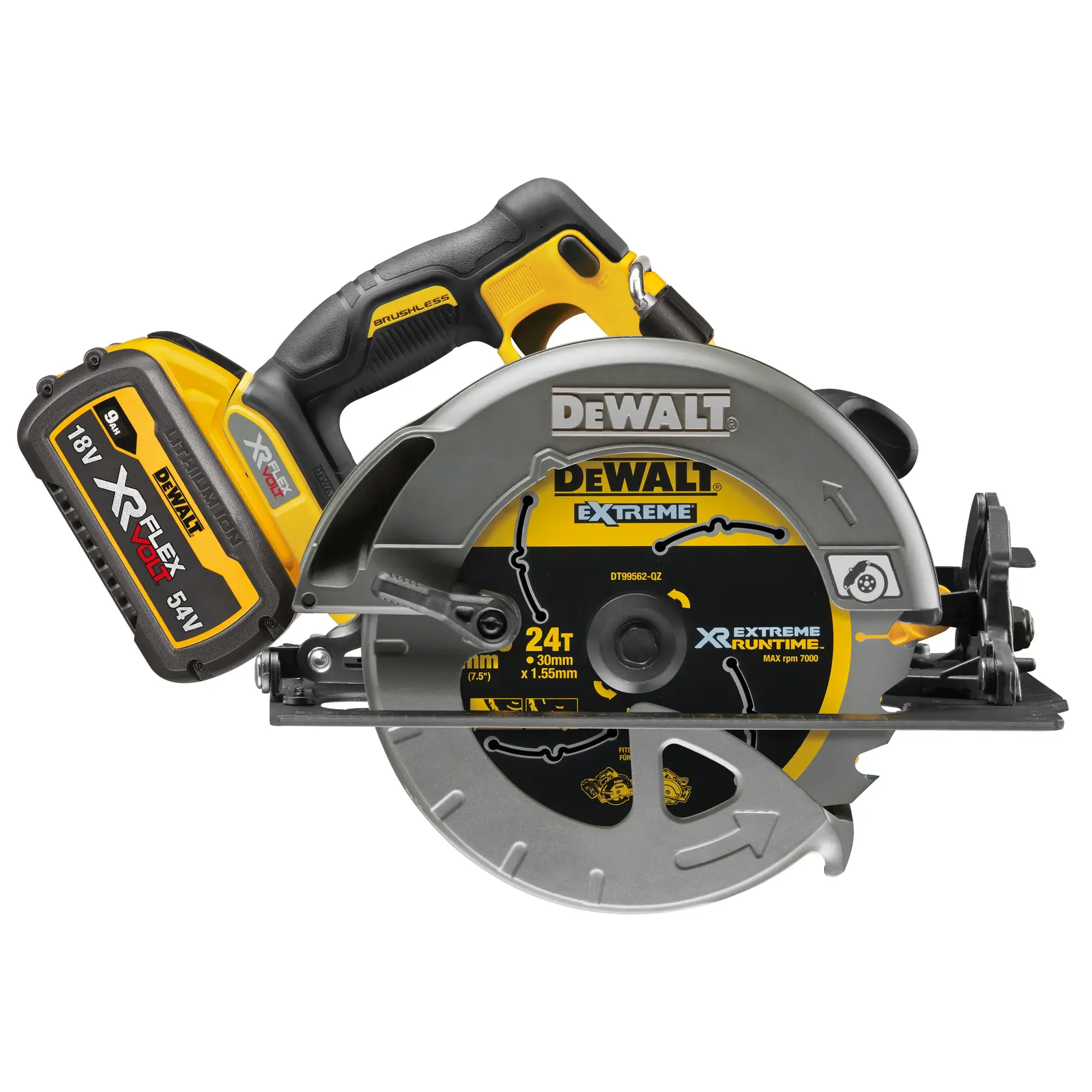 54V XR FLEXVOLT Circular Saw with XR Extreme Runtime blade DT99562 and 9AH Flexvolt battery
