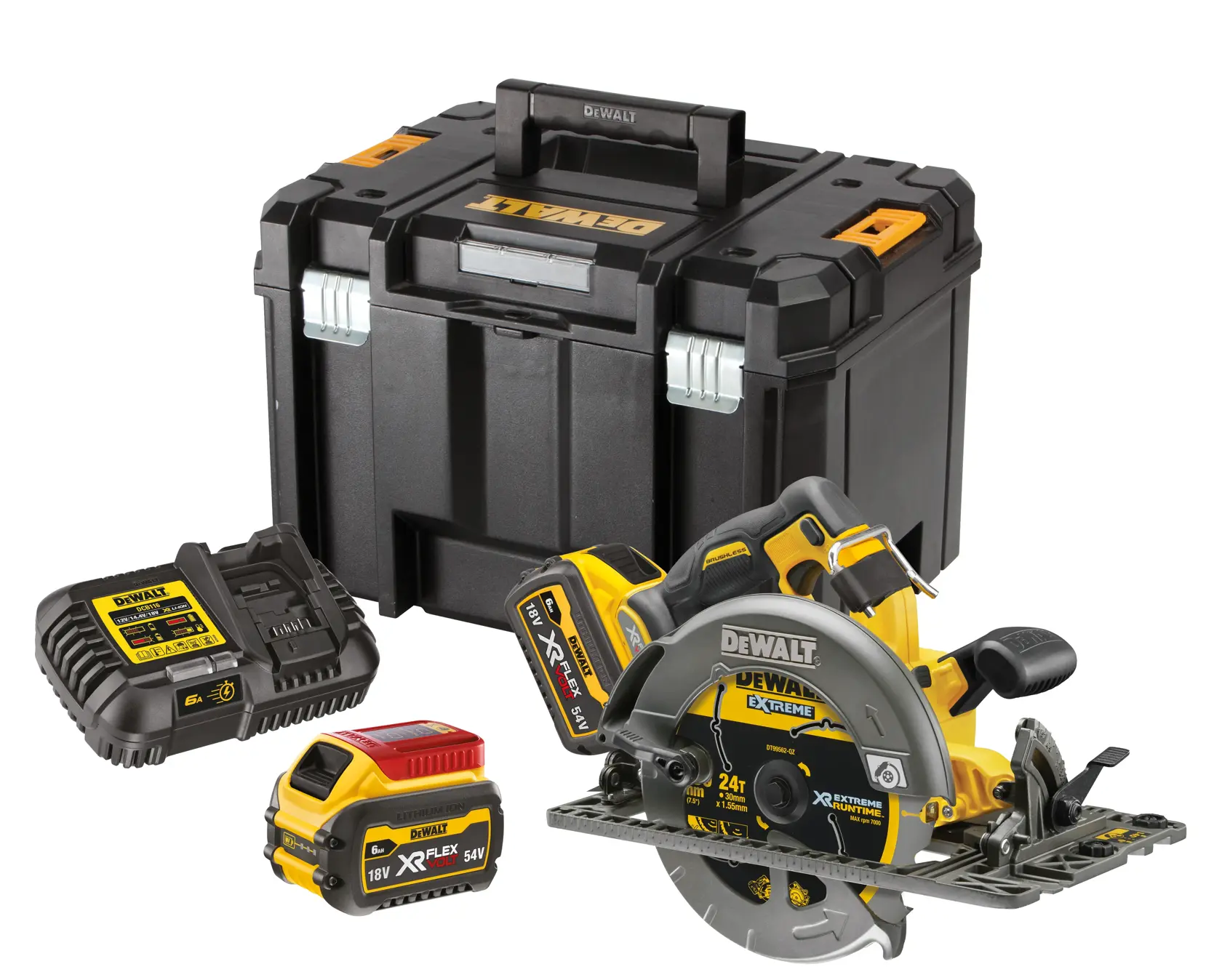 DEWALT cordless circular saw kit with batteries, charger, and black storage case.