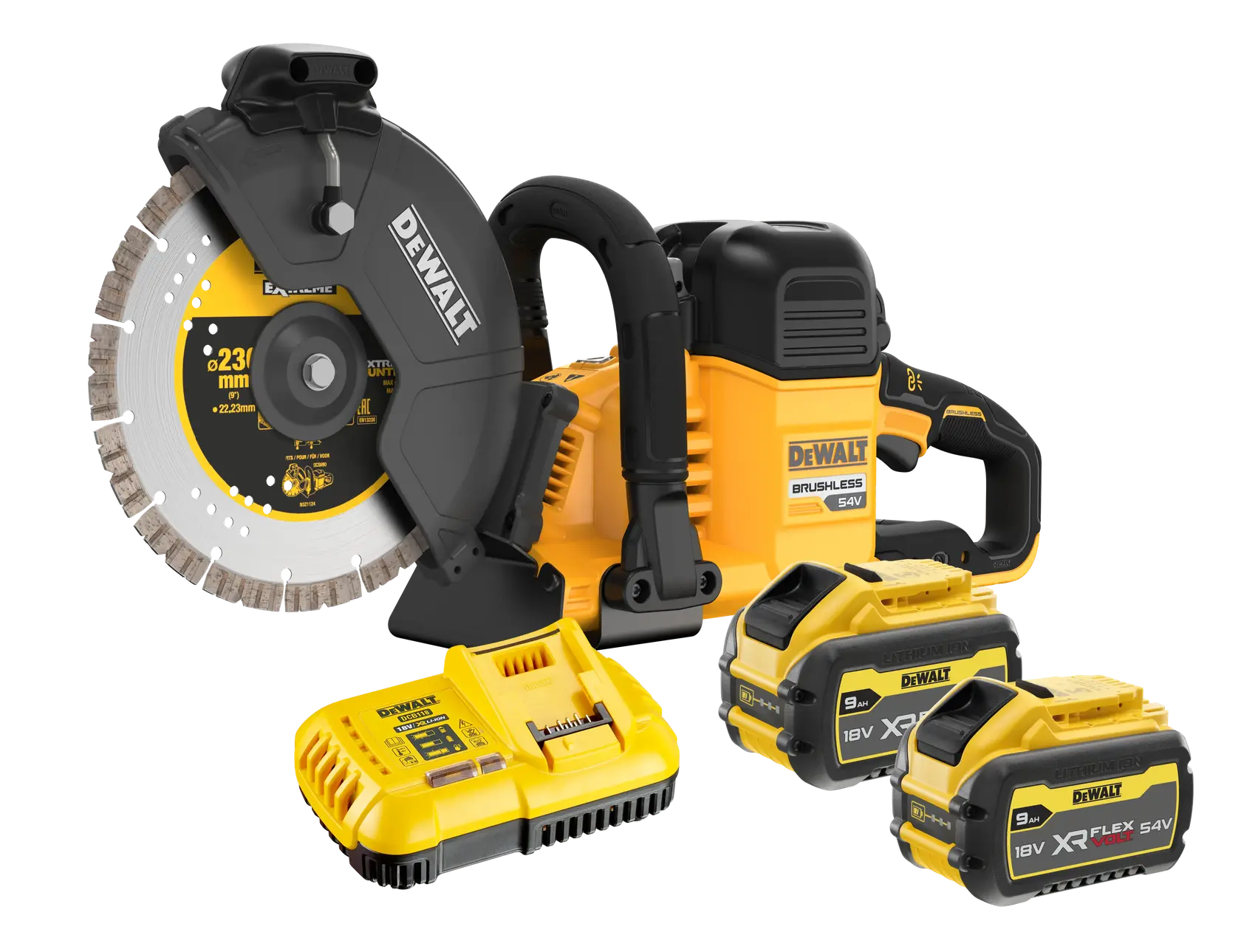 A DEWALT cordless brushless cut-off saw kit with a 230mm disc, shown with two 18V/54V XR FlexVolt batteries and a yellow battery charger.
