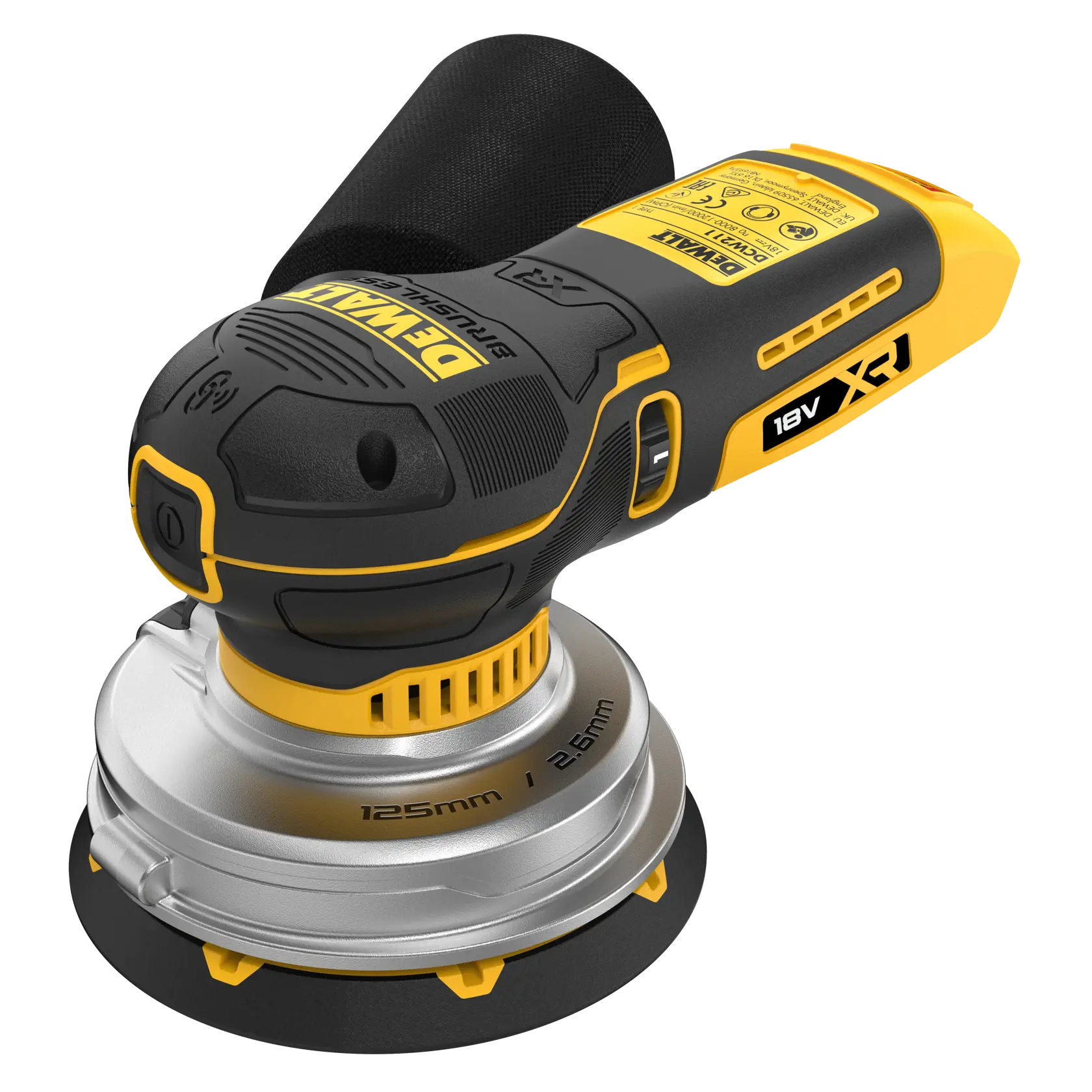 DEWALT cordless random orbital sander, black and yellow, 18V XR, with dust bag attached.