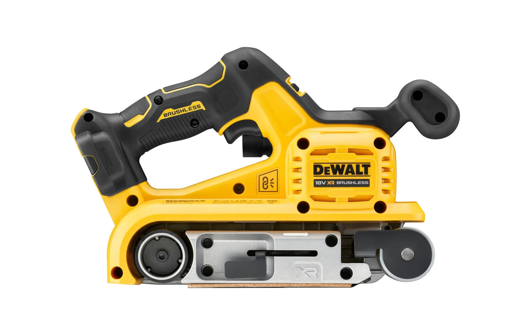 DEWALT cordless belt sander DCW220NT in yellow and black, shown from the side on a white background.