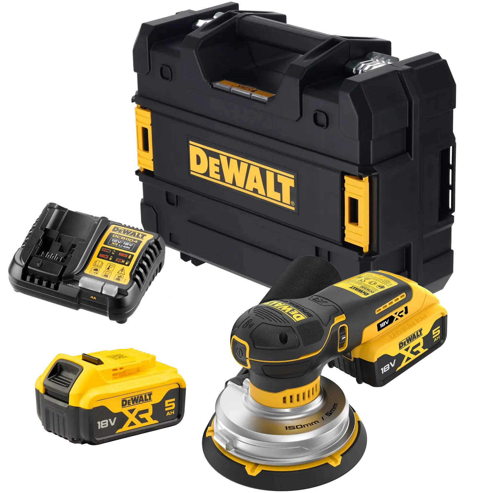 DEWALT cordless sander set with battery, charger, and carrying case, all in black and yellow.