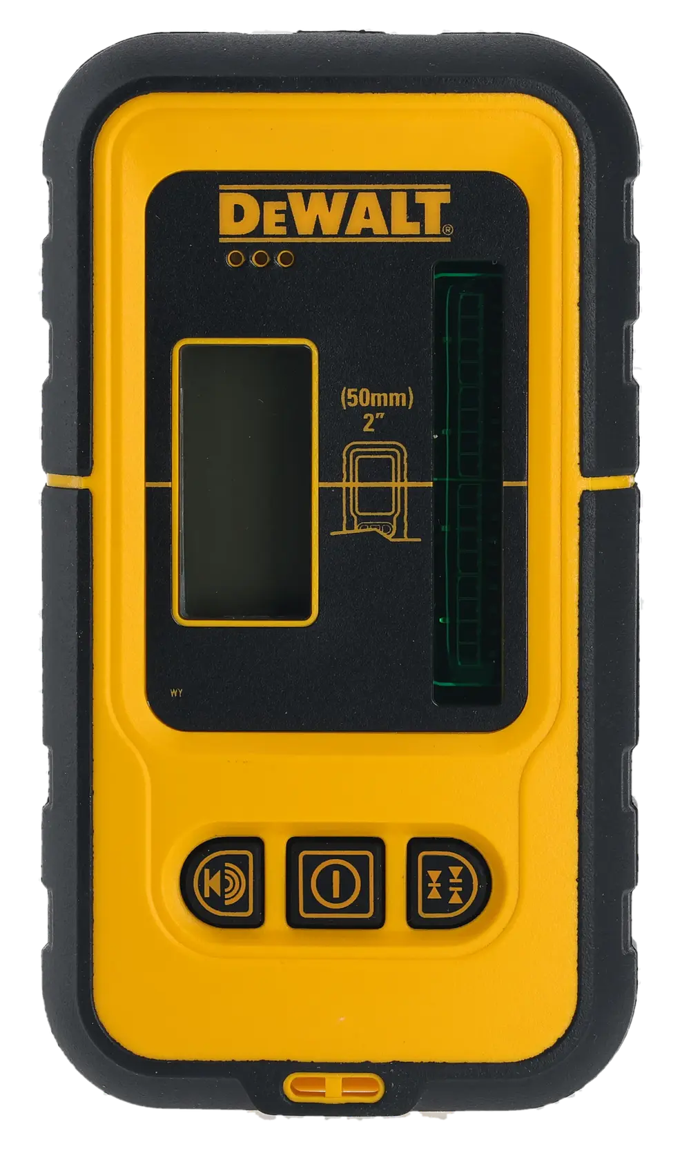 DEWALT DE0892G yellow and black laser receiver for digital measuring, with buttons and display.