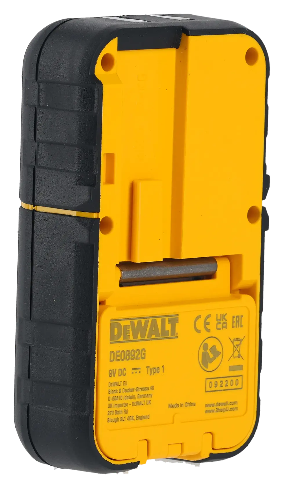 Back view of a DEWALT DE0892G green laser detector for use with line lasers, featuring a yellow and black case.