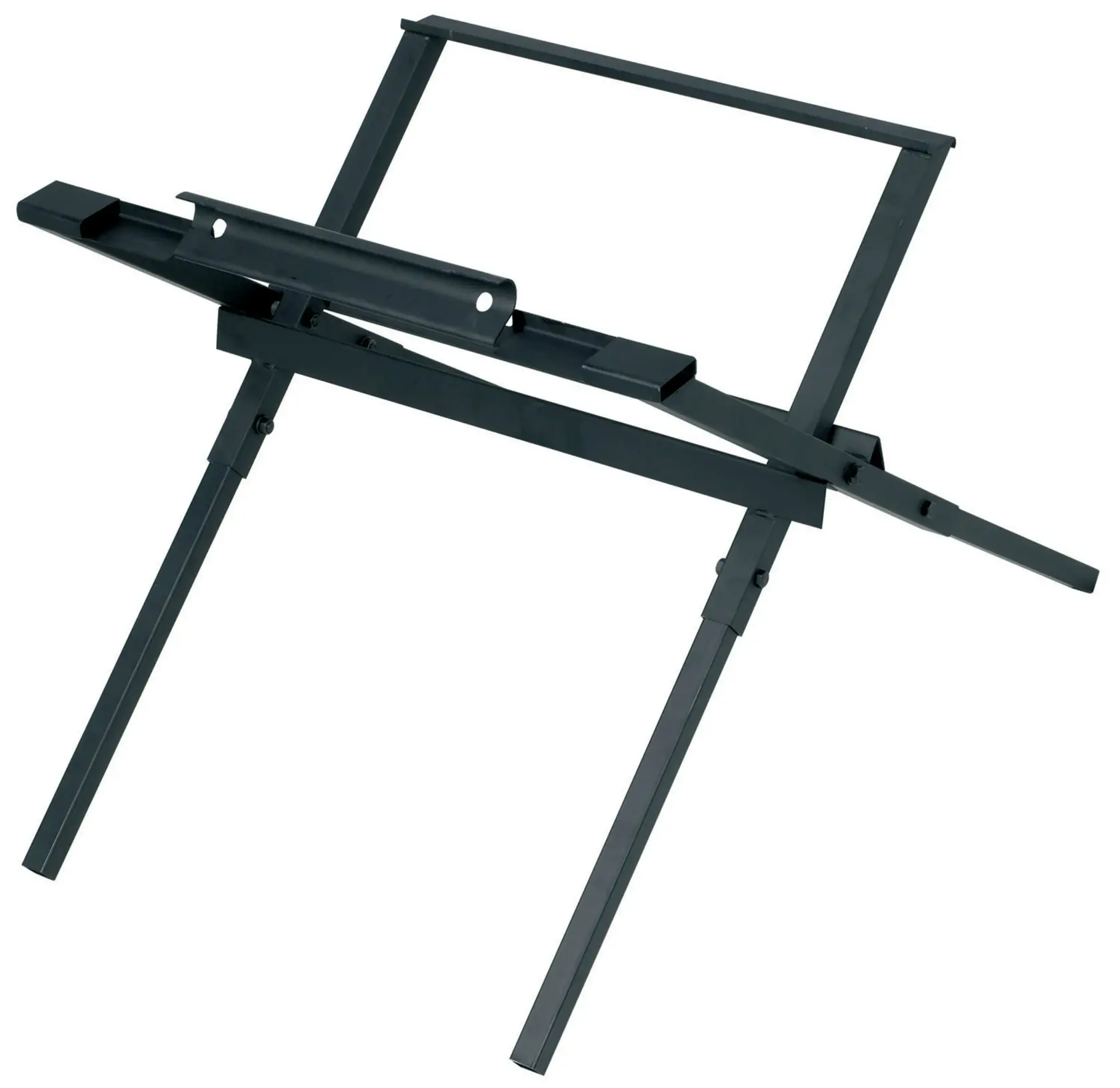 A black metal stand for supporting DEWALT tools, with angled legs and adjustable crossbars.
