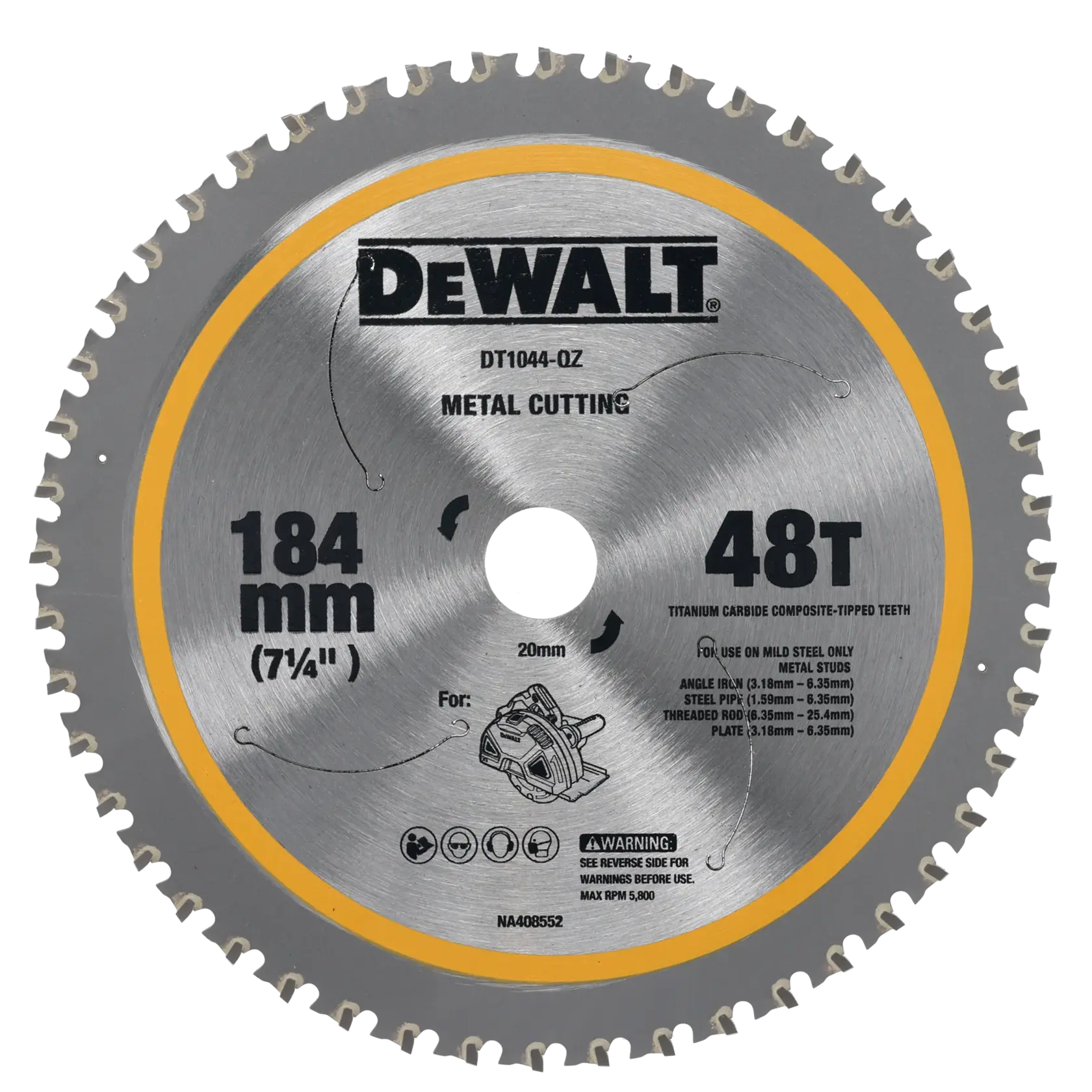 DEWALT metal cutting blade, 184mm, 48T. SKUs: DT1044, DT1044-QZ. Photography category.