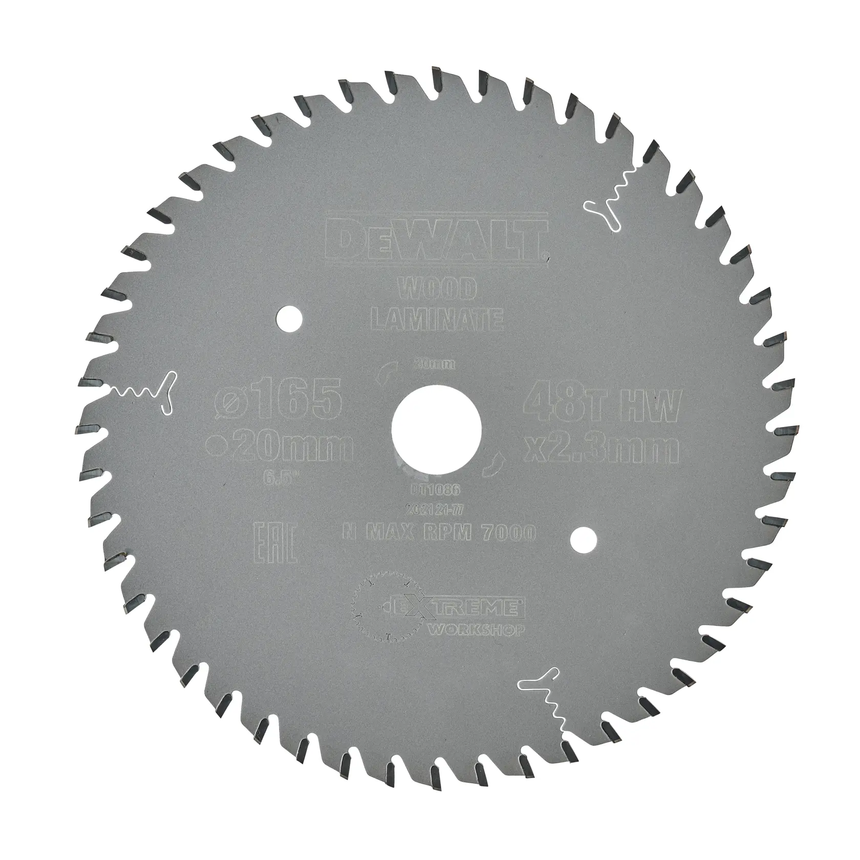 DEWALT circular saw blade for wood and laminate, 165mm diameter, 48 teeth, suitable for workshop use.