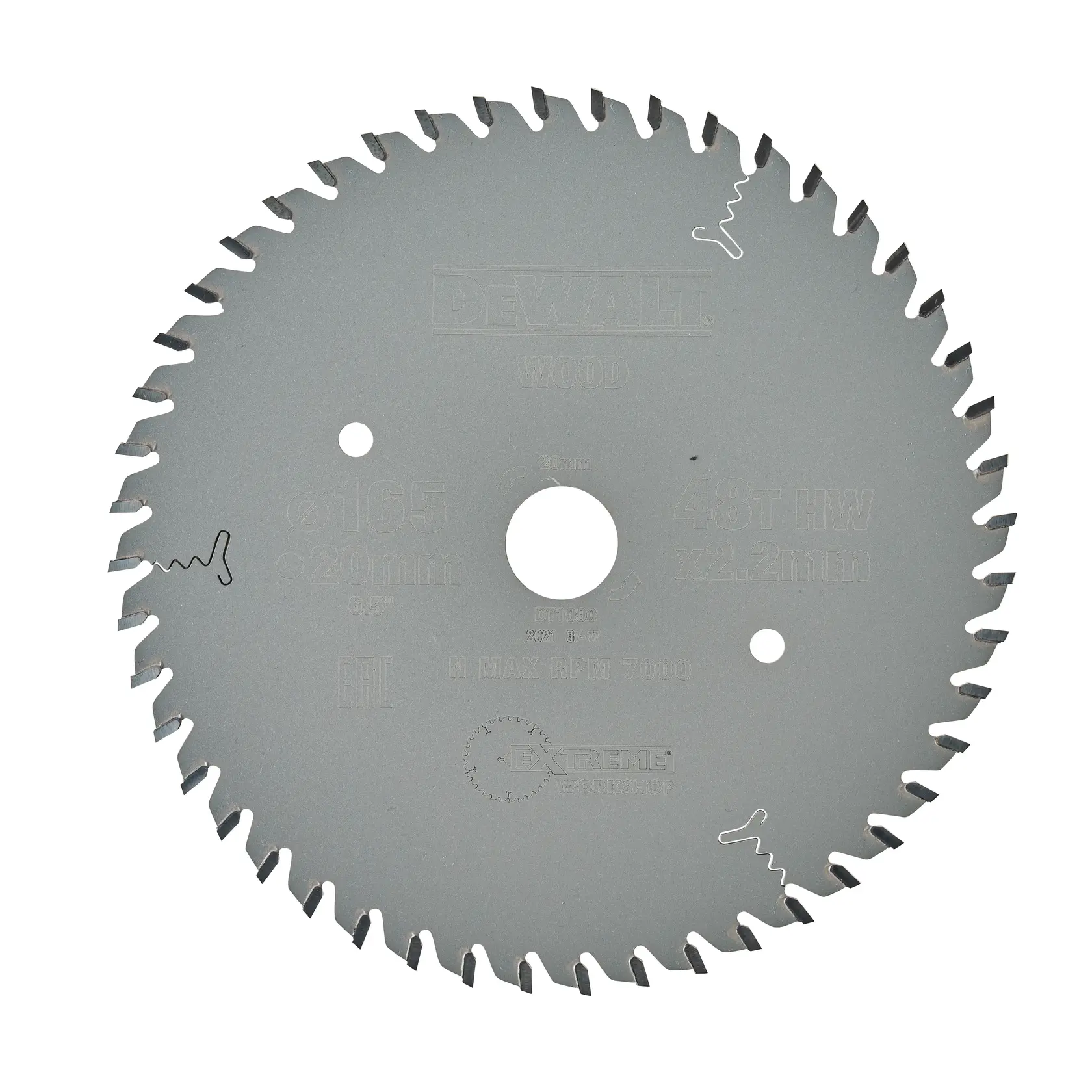 DEWALT DT1090 circular saw blade for wood, silver color, with multiple teeth and center hole.