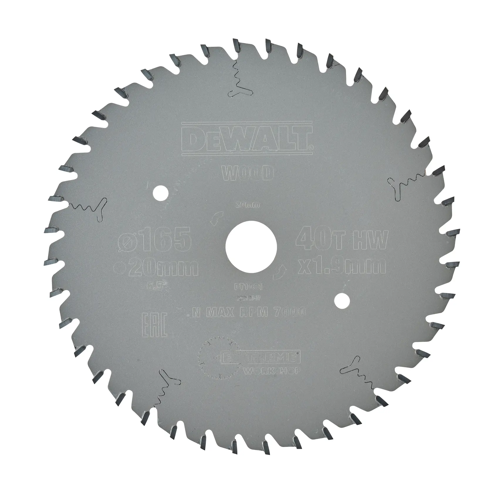DEWALT DT1091 circular saw blade for wood, 165mm diameter, 40 teeth, suitable for woodworking.