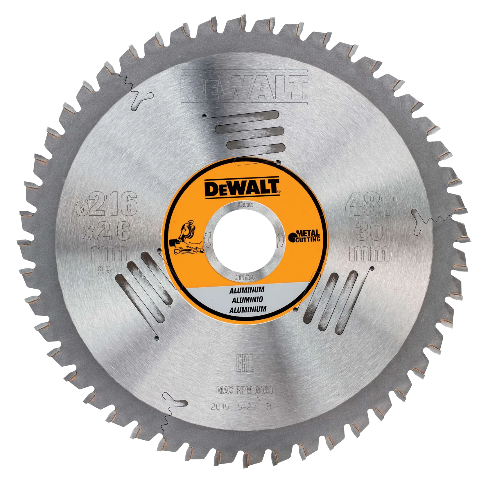 DEWALT DT1914 circular saw blade for aluminum, 216mm diameter, 48 teeth, metal cutting.