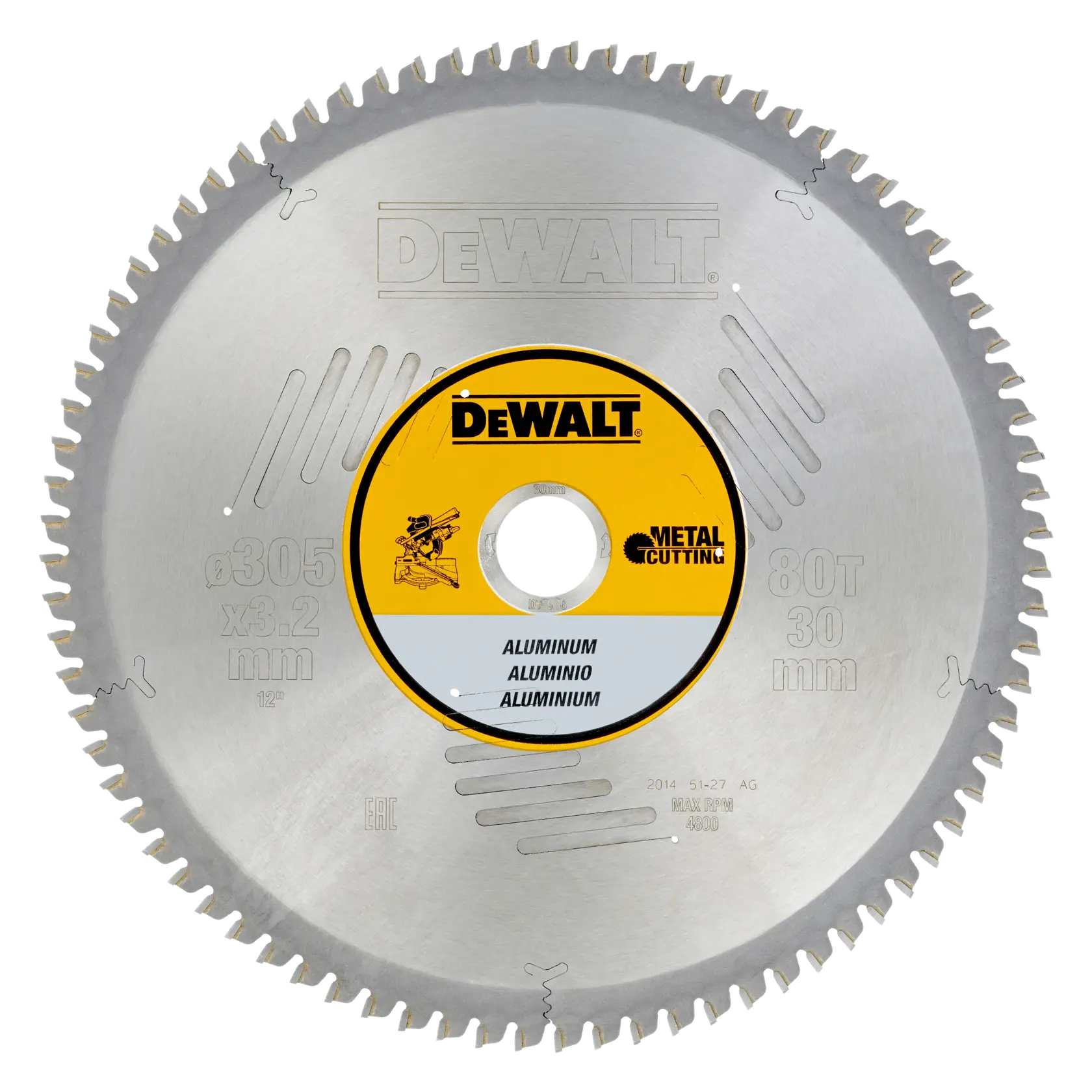 DEWALT circular saw blade for metal cutting, 305mm diameter, 80 teeth, designed for aluminum.