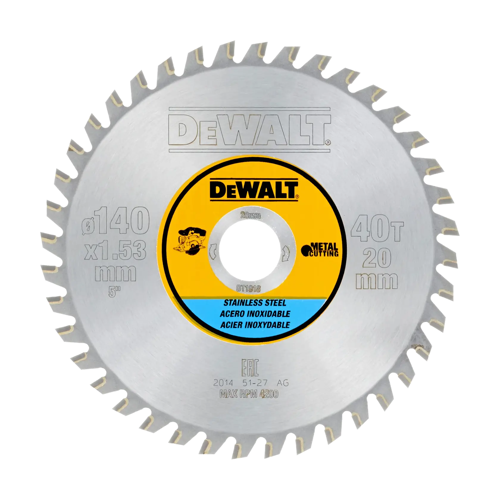 DEWALT DT1918 circular saw blade for stainless steel, 140mm diameter, 40T, metal cutting.