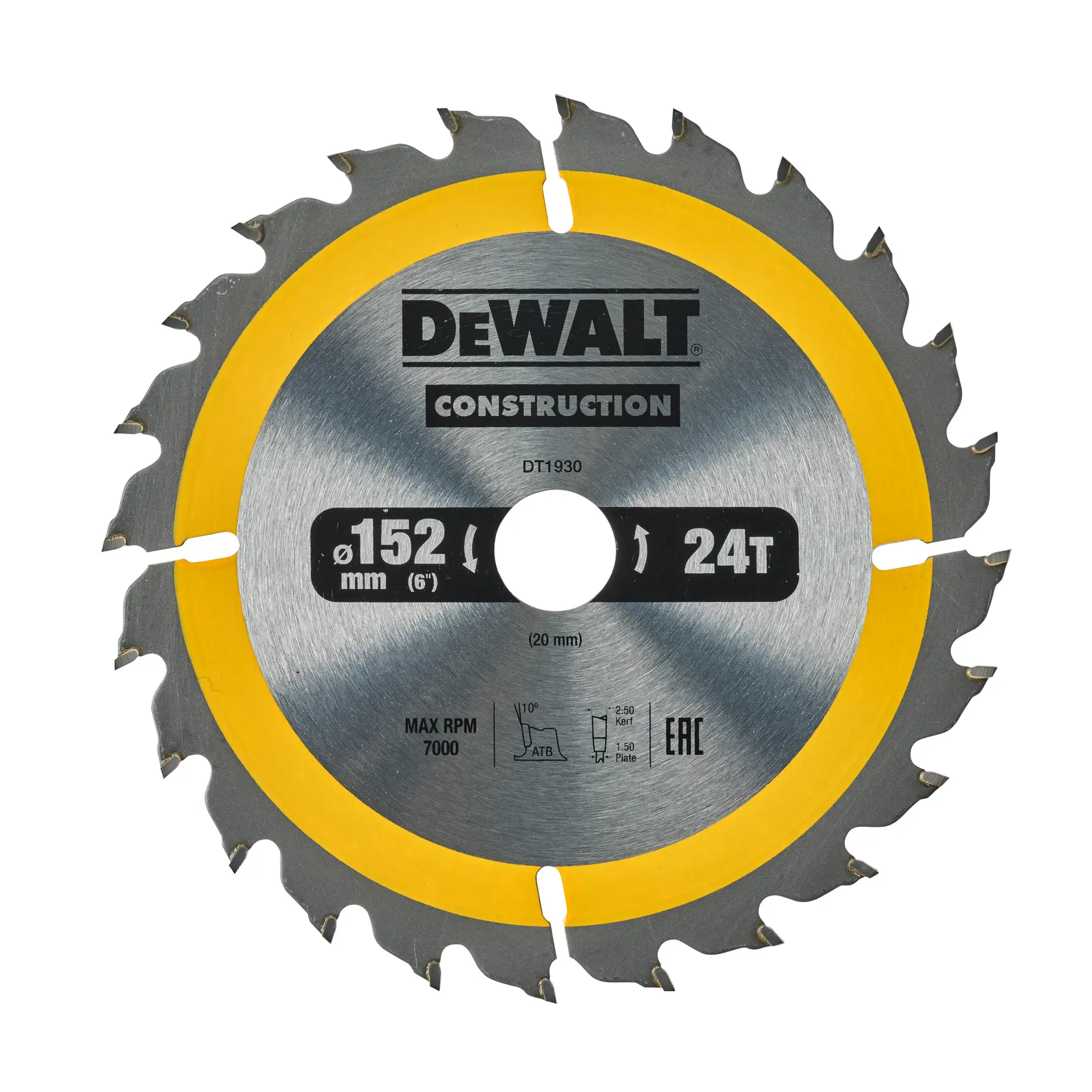 DEWALT DT1930 circular saw blade, 152 mm diameter, 24 teeth, silver with yellow rim, for construction.