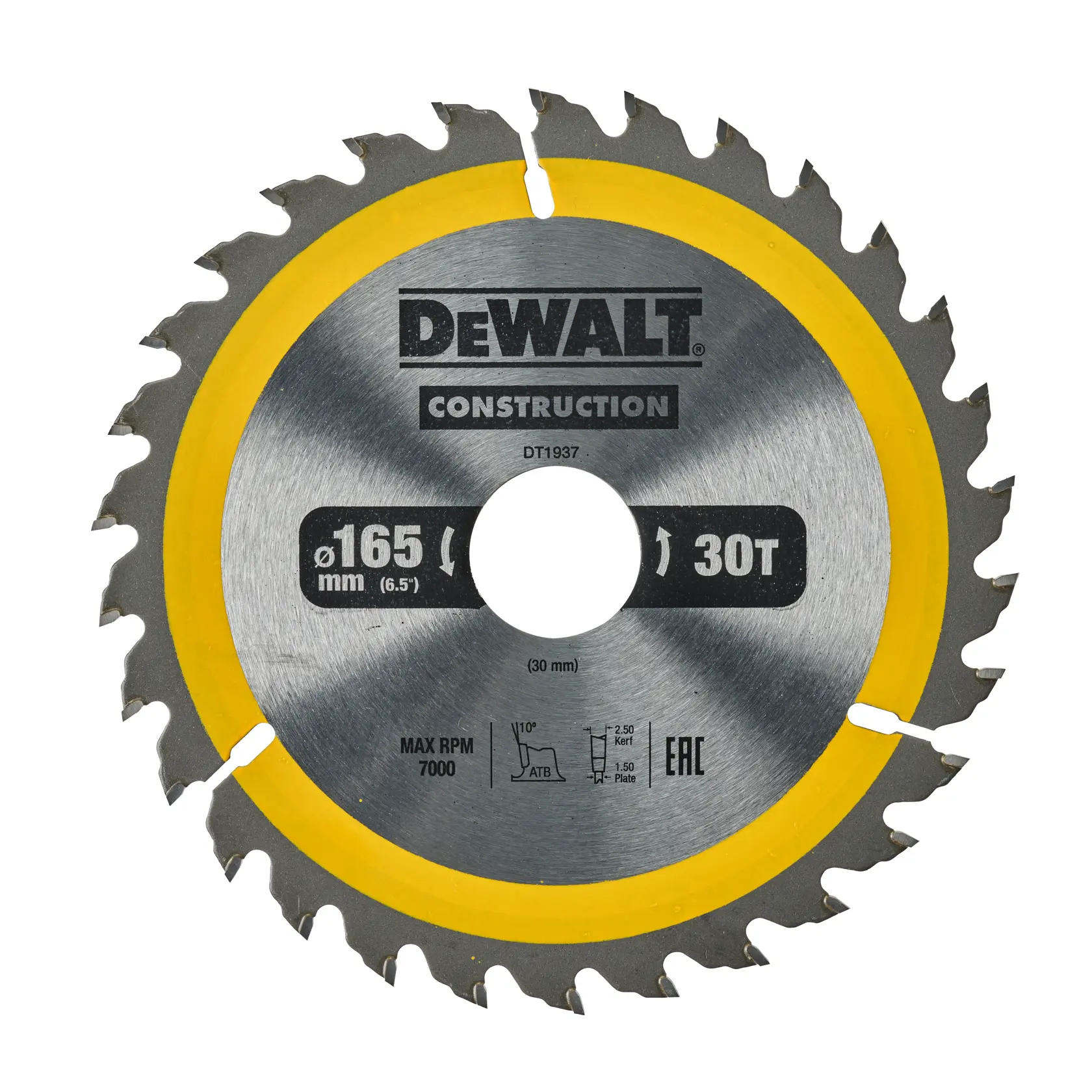 A DEWALT construction circular saw blade, model DT1937, with a diameter of 165 mm (6.5 inches), 30 teeth, and a yellow accent ring around the center.