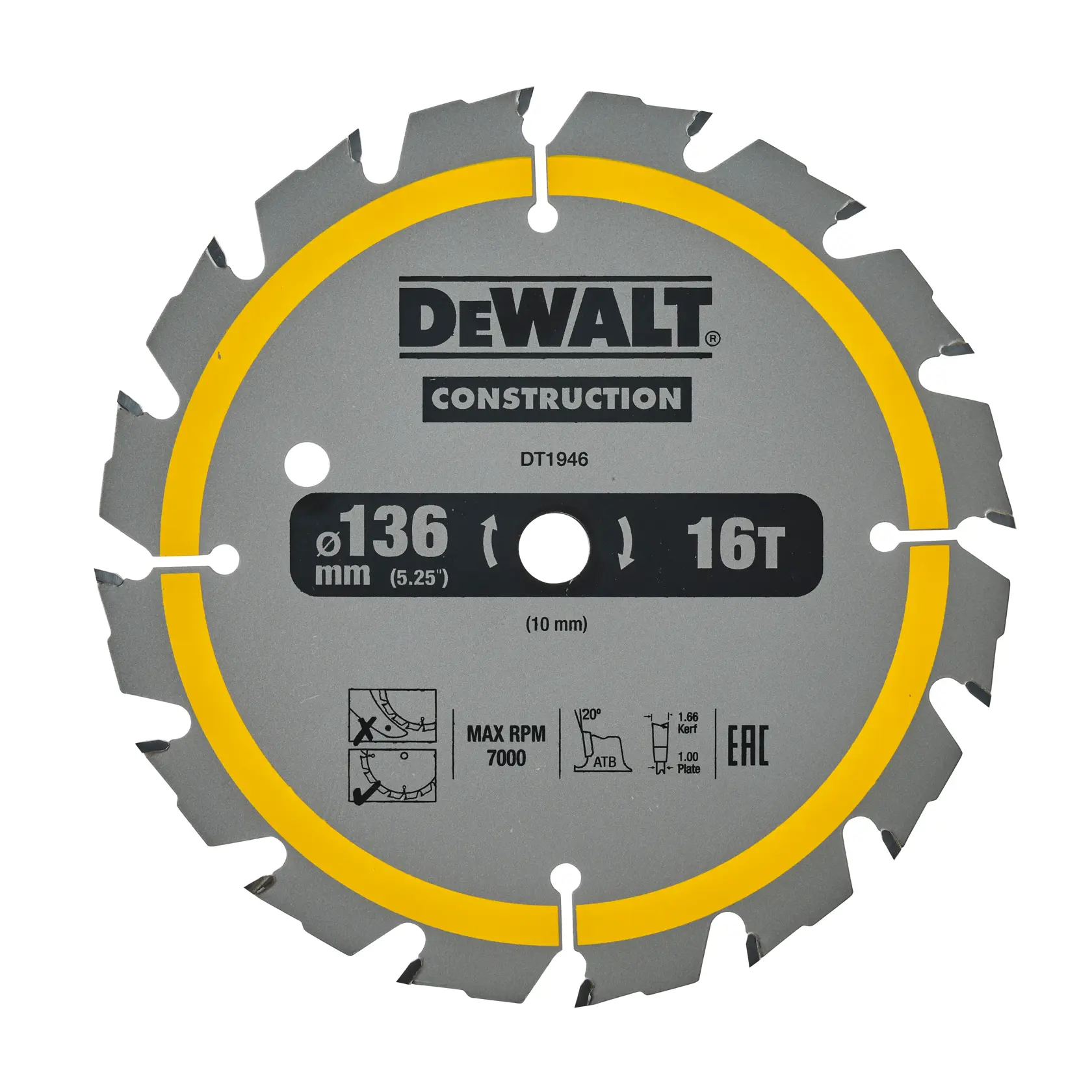 DEWALT DT1946 circular saw blade, 136mm diameter, 16 teeth, gray with yellow ring, for construction use.