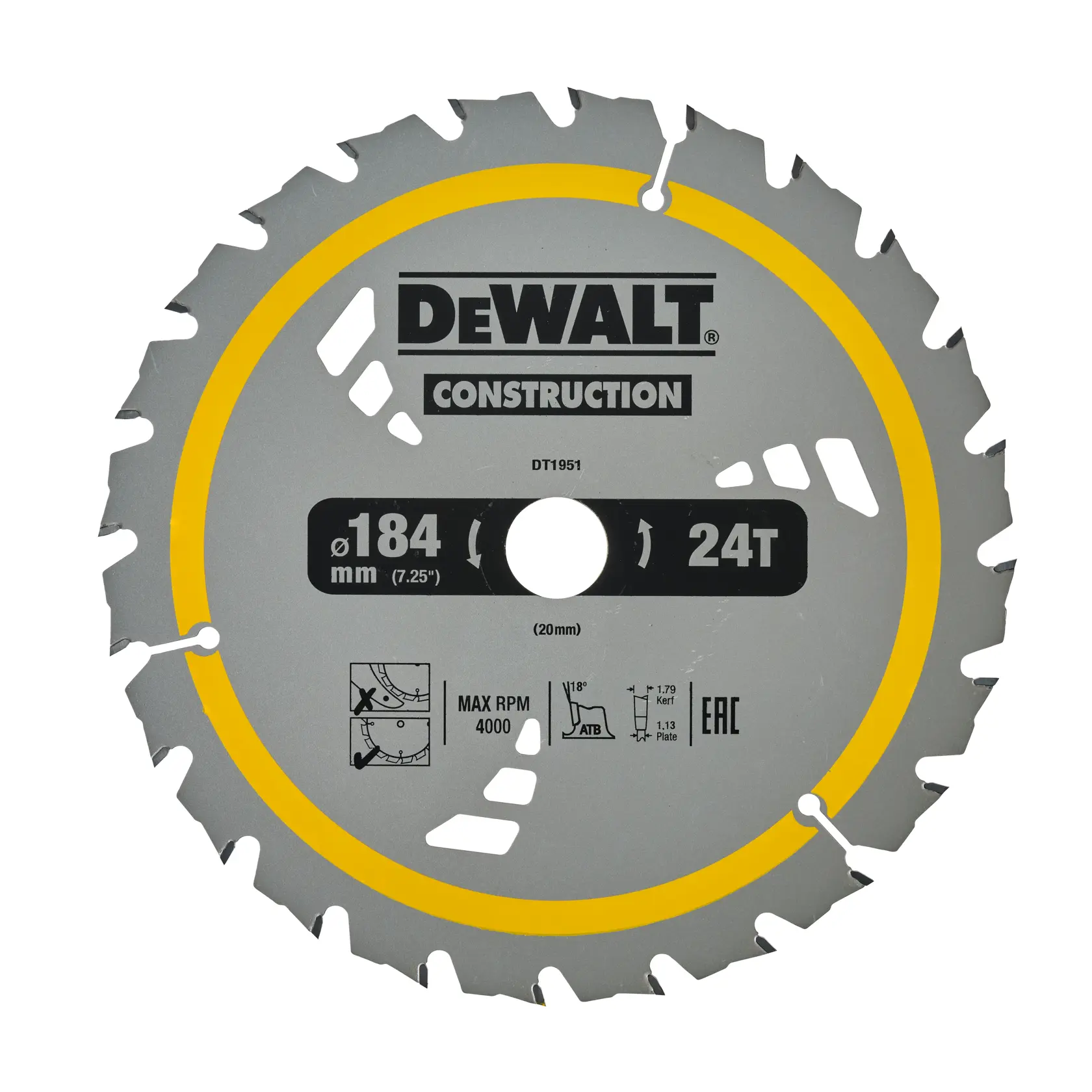 DEWALT DT1951 circular saw blade, 184mm diameter, 24 teeth, for construction, silver with yellow ring.