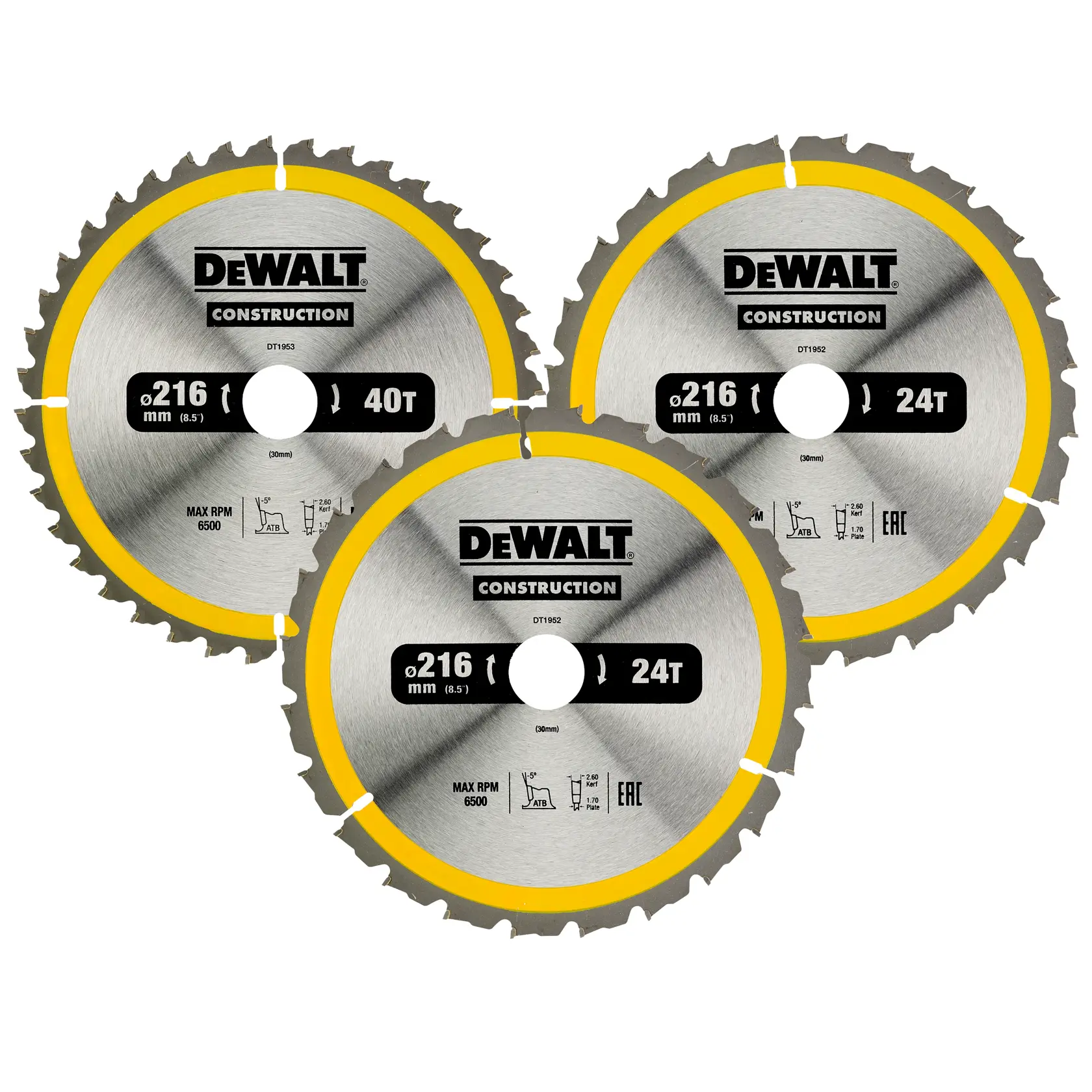 Three DEWALT 216mm circular saw blades with yellow rims. The blades show 40T and 24T tooth counts.