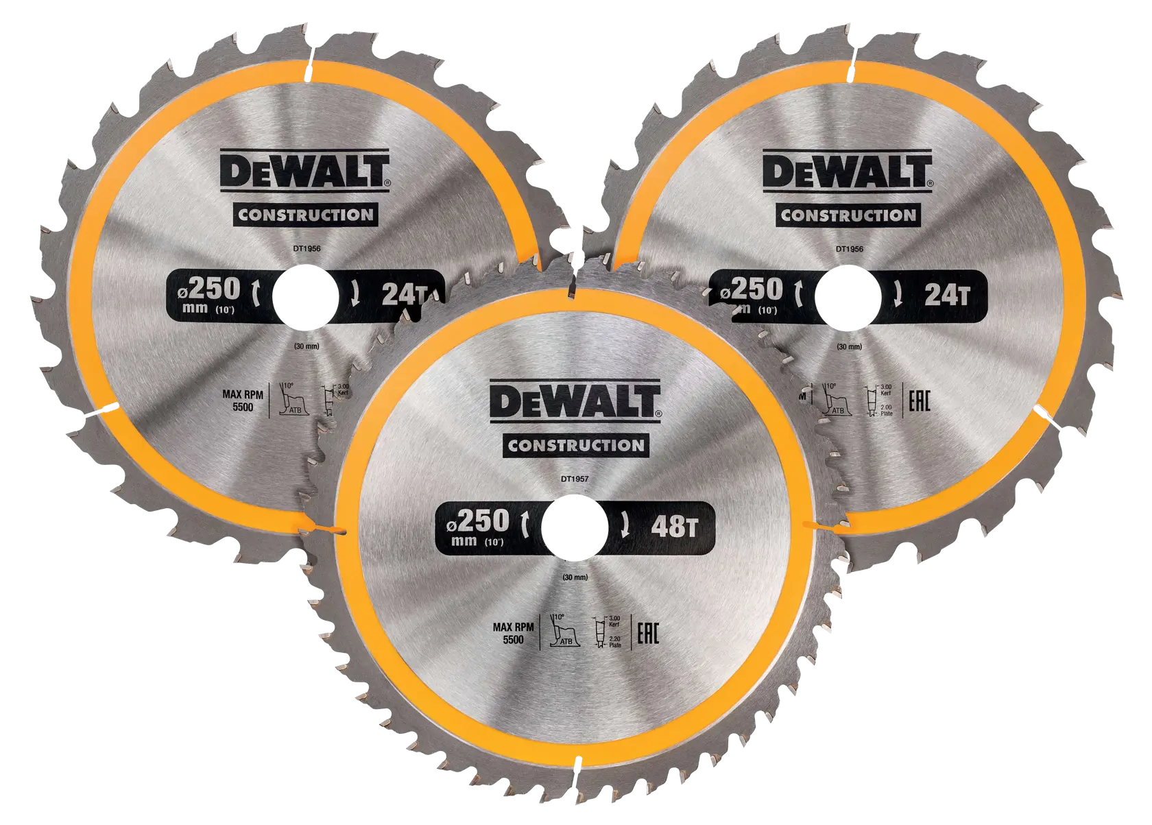 Three DEWALT circular saw blades with 250mm diameter and yellow trim shown for construction.