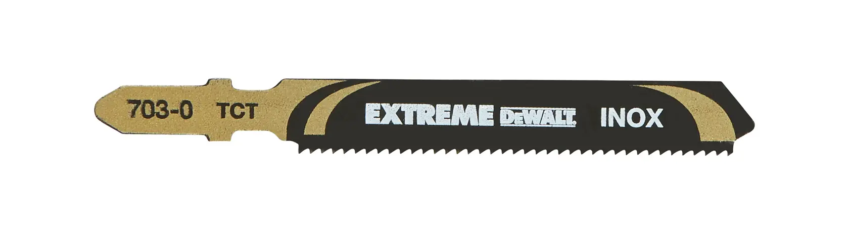 DEWALT DT2055 Extreme INOX jigsaw blade with gold and black finish, designed for cutting stainless steel.
