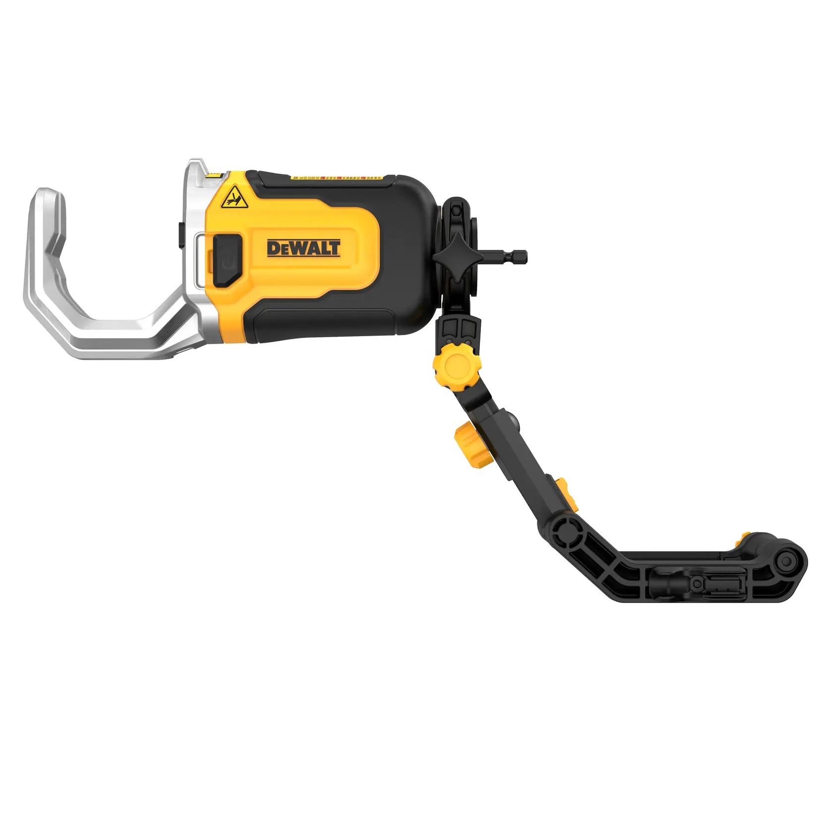 DEWALT DT20560 photography accessory with adjustable arm and clamp in yellow and black.