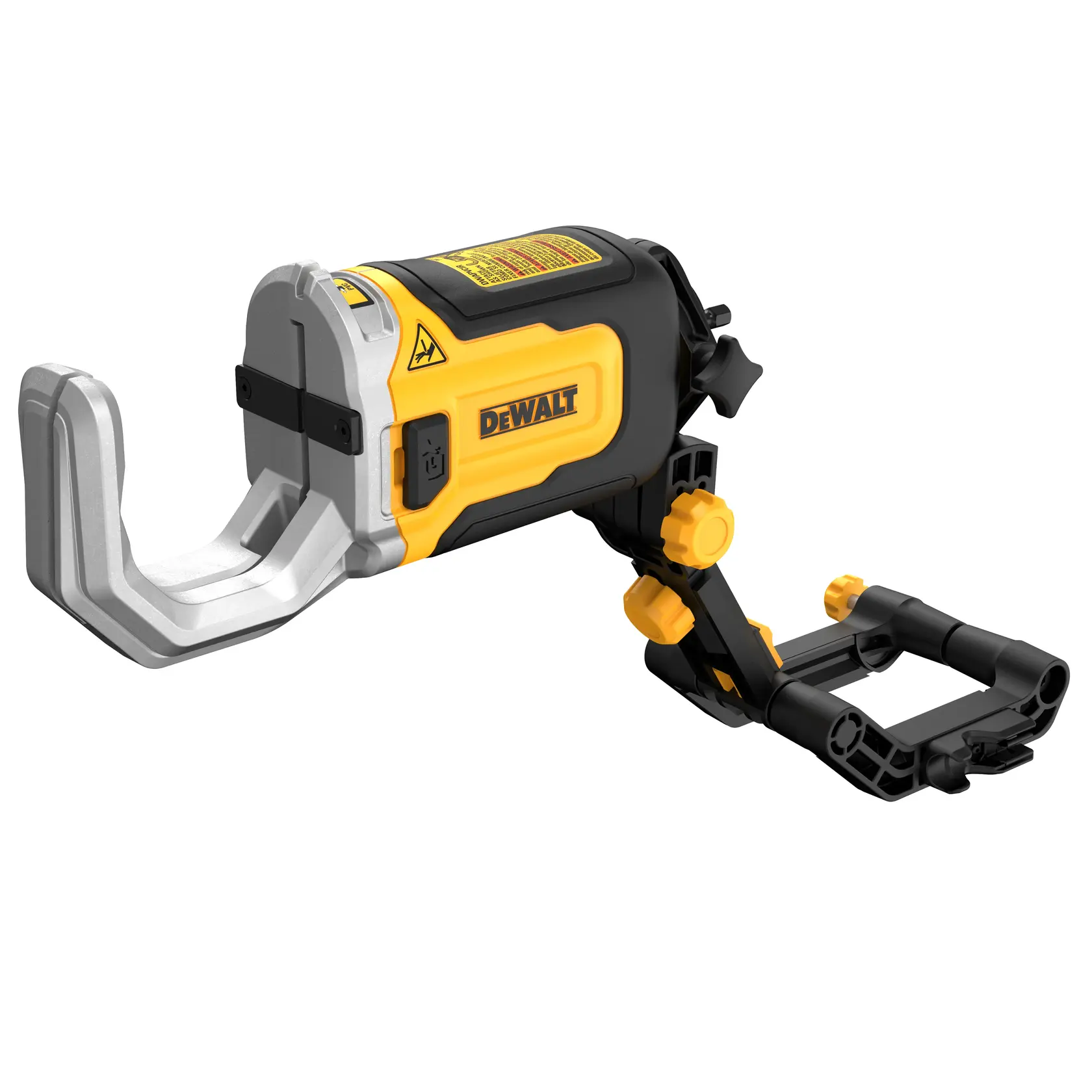 DEWALT DT20560 pipe clamp tool with adjustable arm, yellow and black body, shown on a white background.