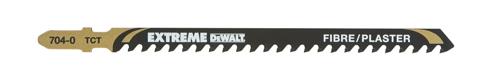 DEWALT Extreme jigsaw blade for fibre and plaster, black with gold details and sharp teeth.