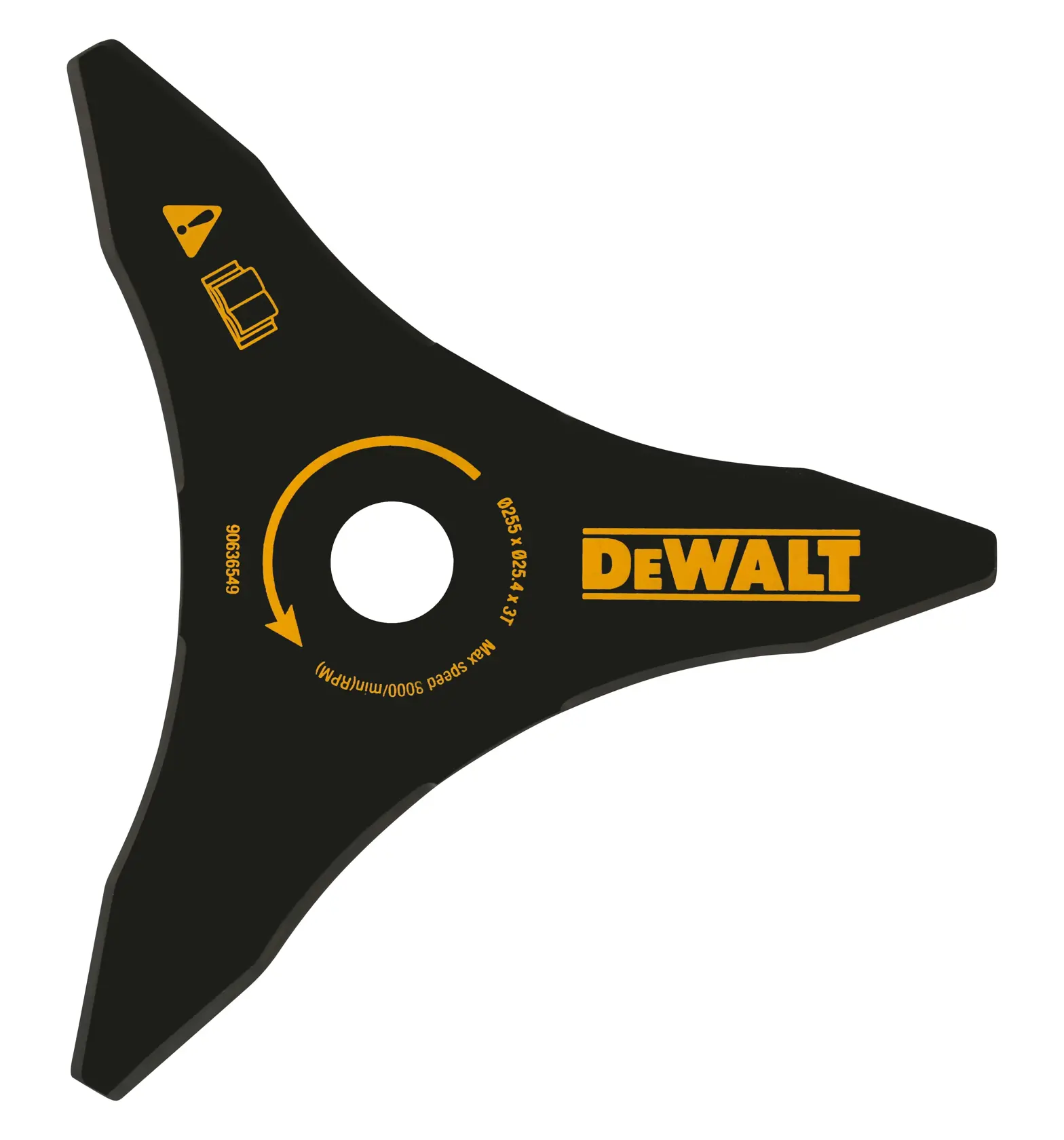 DEWALT DT20653 three-tooth black blade, used for brush cutters and garden tools, with yellow logo and markings.