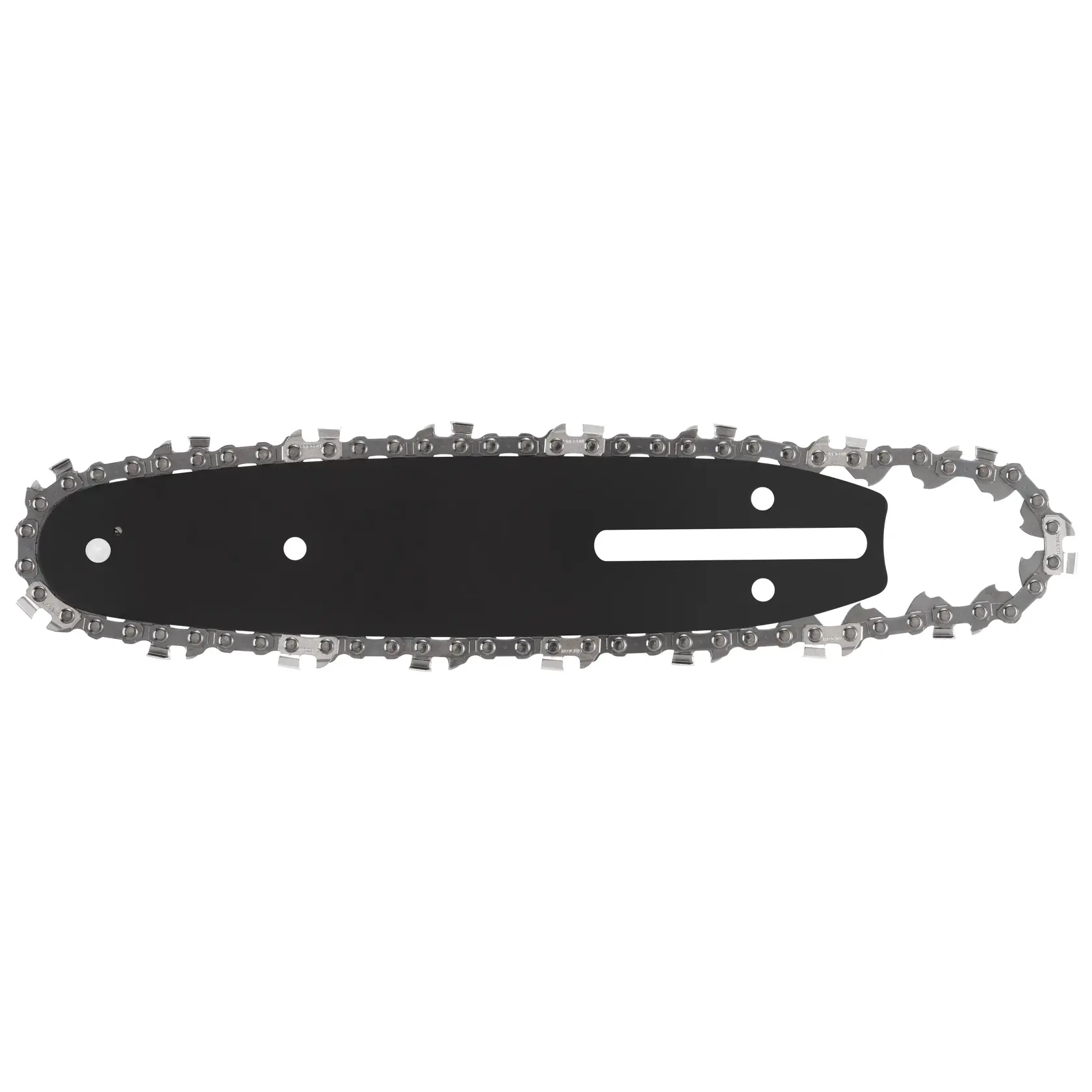 A DEWALT replacement chainsaw bar and chain set, shown isolated on a white background. The bar is black with mounting holes and the metal chain is looped around the bar.