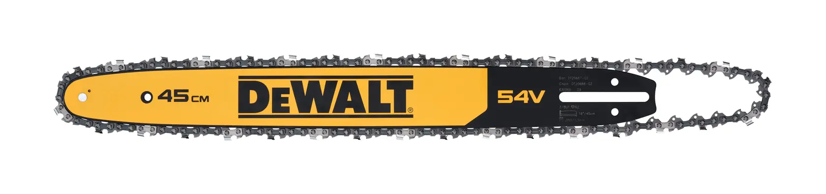 DEWALT 45 cm chainsaw bar with chain, yellow and black, marked with 54V. Product for chainsaw use.