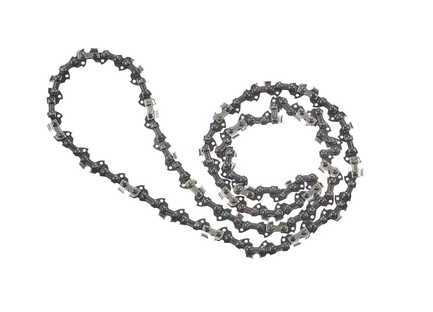 A coiled metal chainsaw chain designed for use with DEWALT chainsaws, shown against a white background.