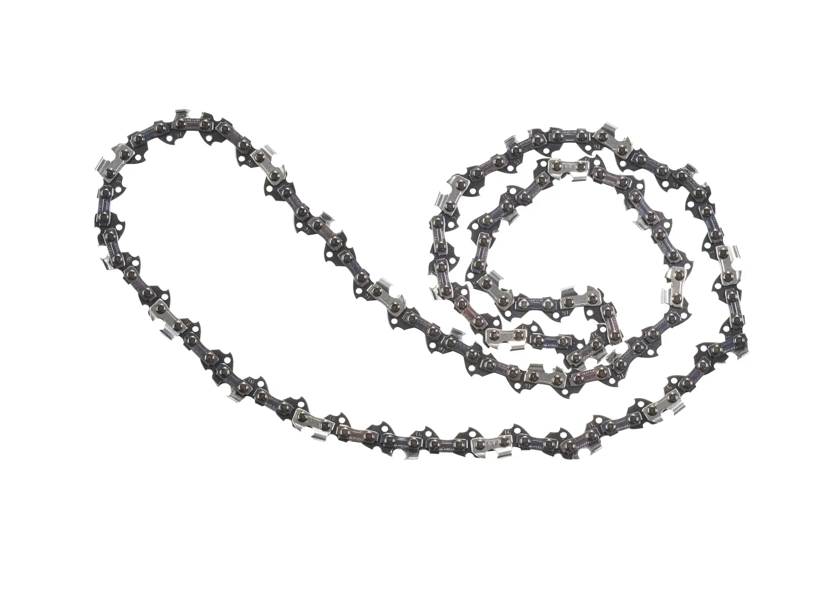 DEWALT DT20688 chainsaw chain, metal, shown coiled on a white background.