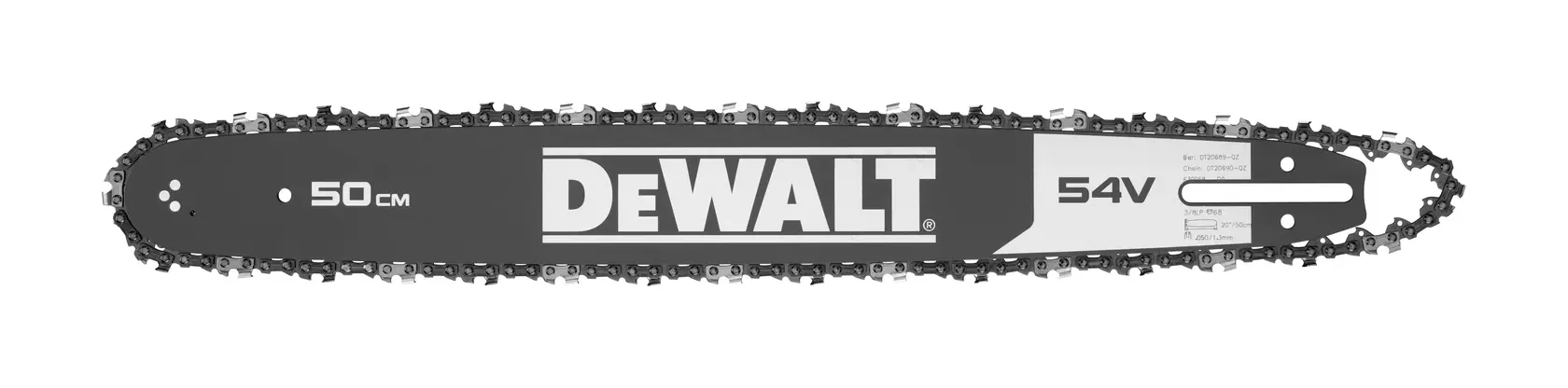 DEWALT 50cm chainsaw bar with chain, labeled 54V, used for cutting wood.