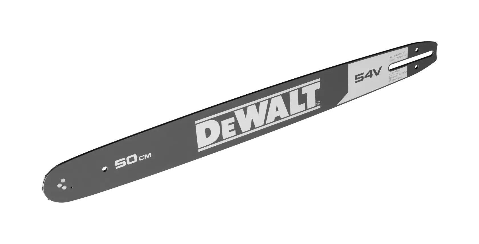 DEWALT 50 cm chainsaw bar, suitable for 54V chainsaws. Grey metal accessory for cutting tools.