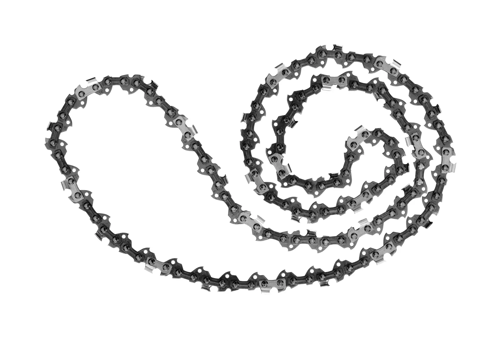 Coiled chainsaw chain with metal links, displayed on a white background.