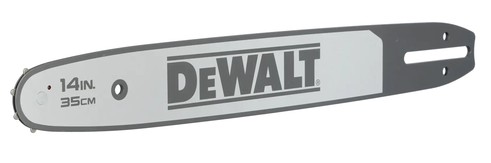 DEWALT 14-inch (35cm) chainsaw bar, grey with brand logo and size details.