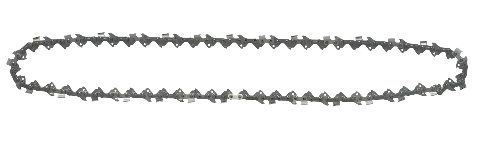 A DEWALT chainsaw chain with sharp metal teeth, laid flat on a white background.